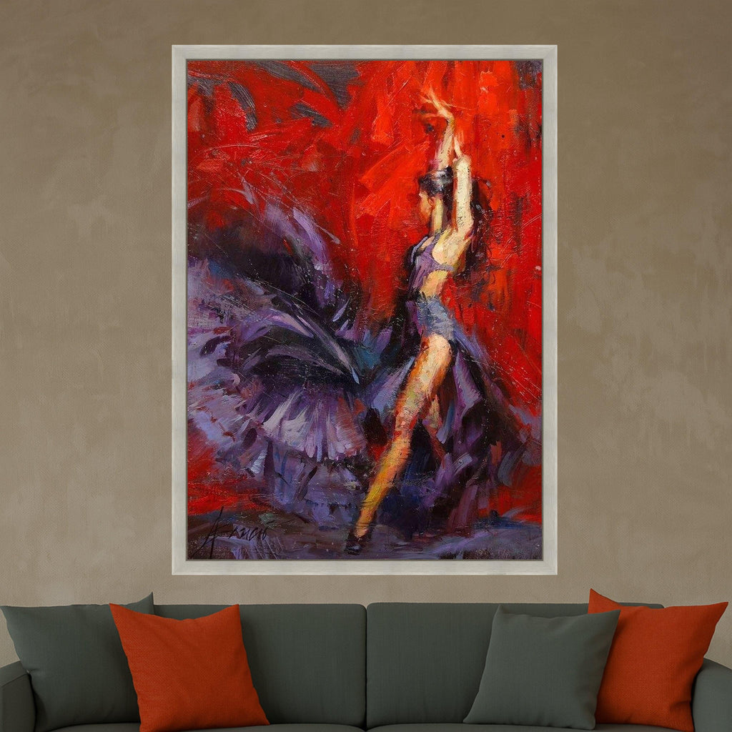 Handmade Flamenco Dancer Canvas Art, Red Purple Abstract Painting, Ready to Hang