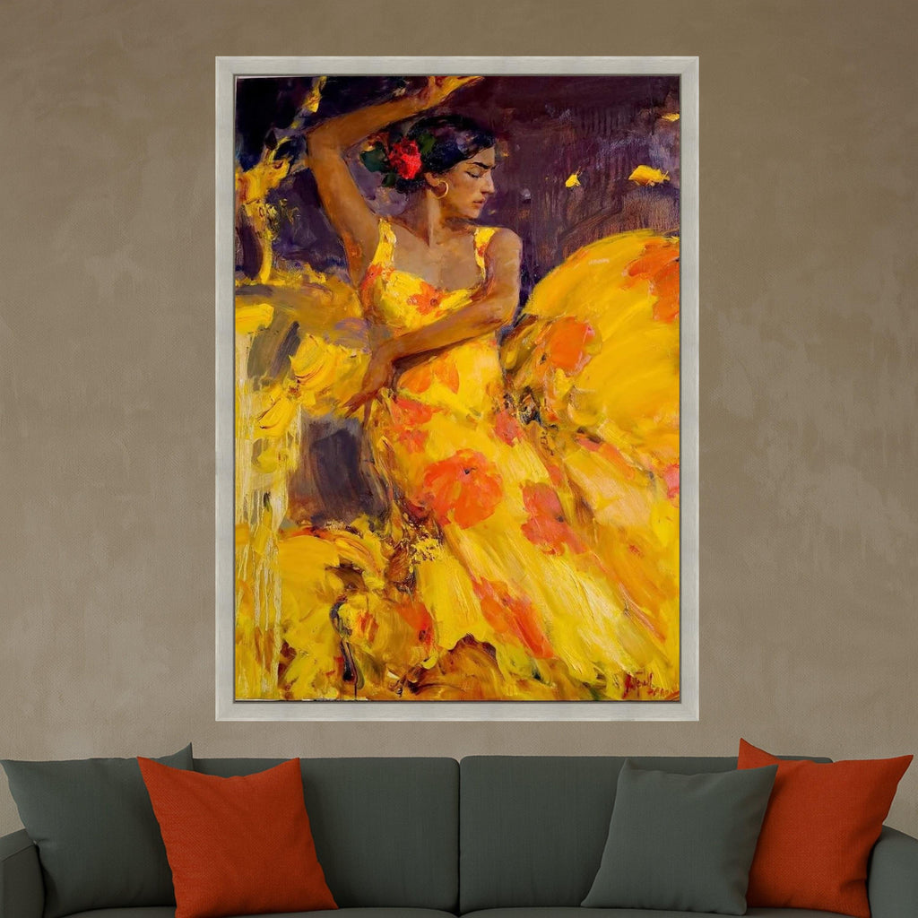 Flamenco Dancer Canvas, Vibrant Yellow Dress, Spanish Dance Art, Expressive Woman Portrait, Bold Color Wall Art, Ready to Ready To Hang,