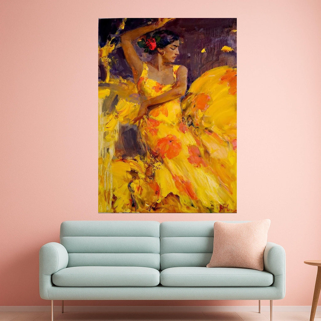 Flamenco Dancer Canvas, Vibrant Yellow Dress, Spanish Dance Art, Expressive Woman Portrait, Bold Color Wall Art, Ready to Ready To Hang,