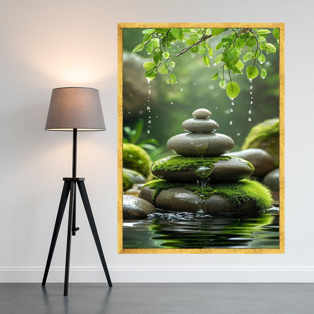 Zen Stone Stack with Moss and Water Droplets, Tranquil Nature Canvas, Green Leaves Wall Art, Peaceful Spa Decor, Relaxing Ready To Hang,