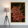 Elegant Red Lily Canvas Wall Art, Floral Botanical Painting, Dark Background Flower Decor, Home Decoration Canvas, Ready to Ready To Hang,