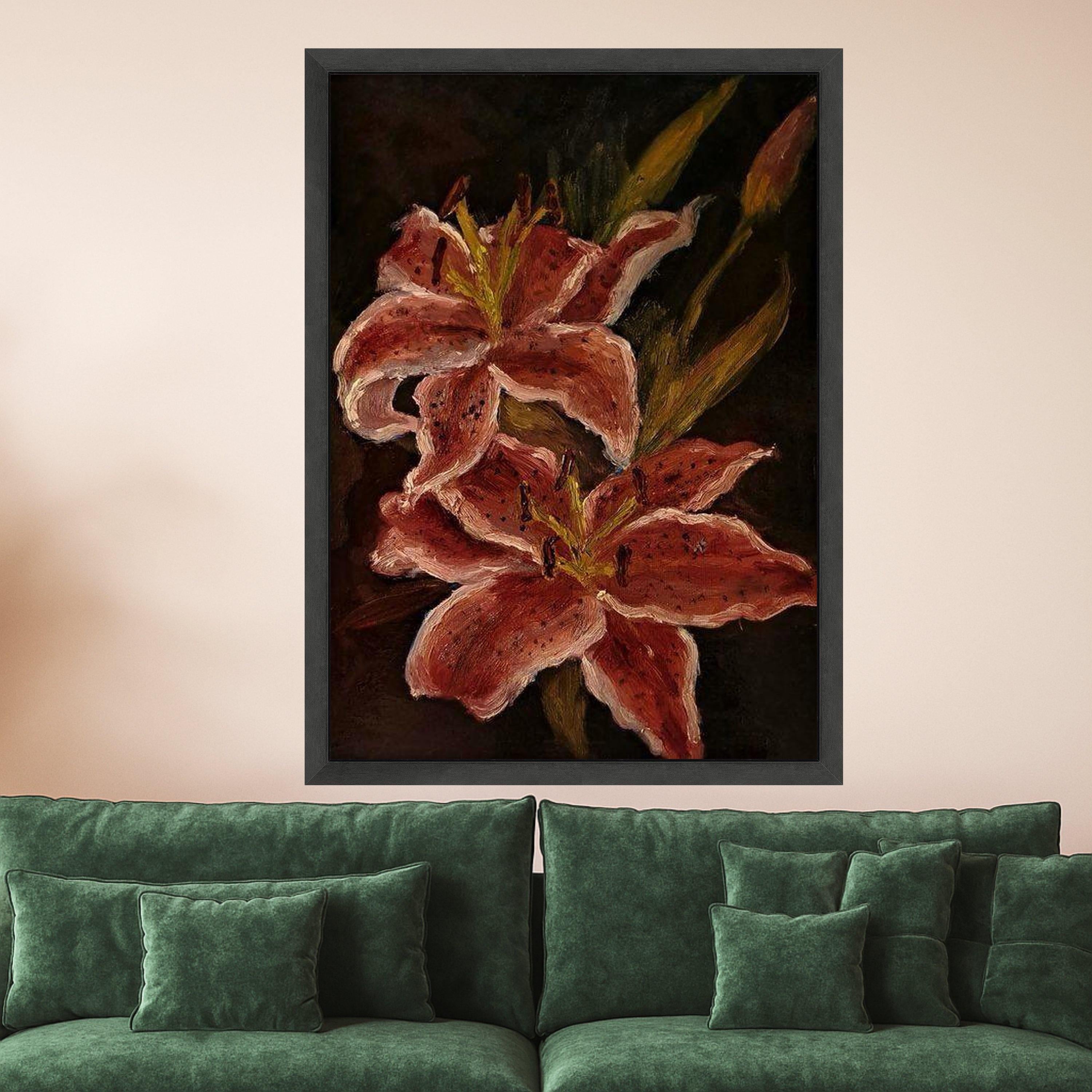 Elegant Red Lily Canvas Wall Art, Floral Botanical Painting, Dark Background Flower Decor, Home Decoration Canvas, Ready to Ready To Hang,