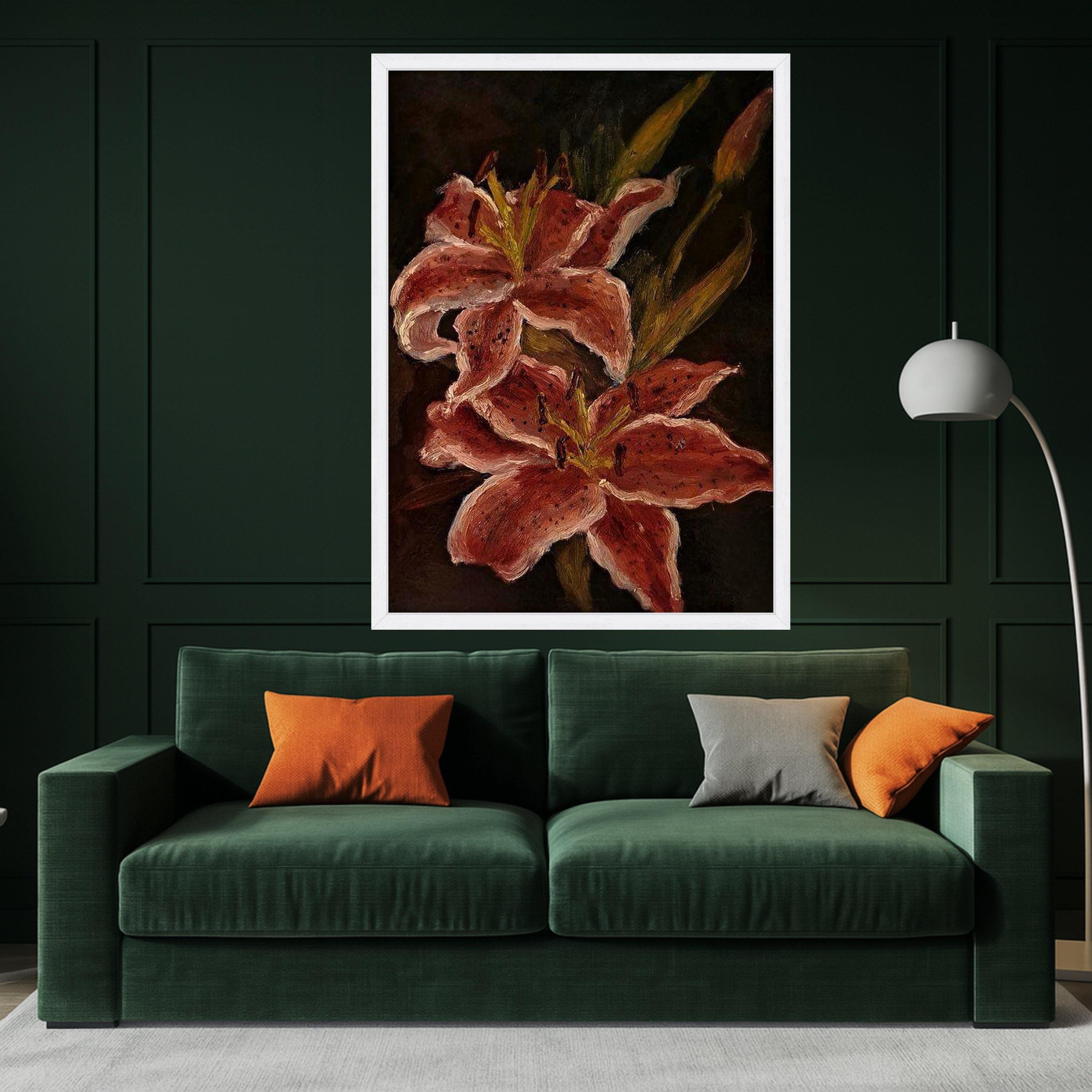 Elegant Red Lily Canvas Wall Art, Floral Botanical Painting, Dark Background Flower Decor, Home Decoration Canvas, Ready to Ready To Hang,