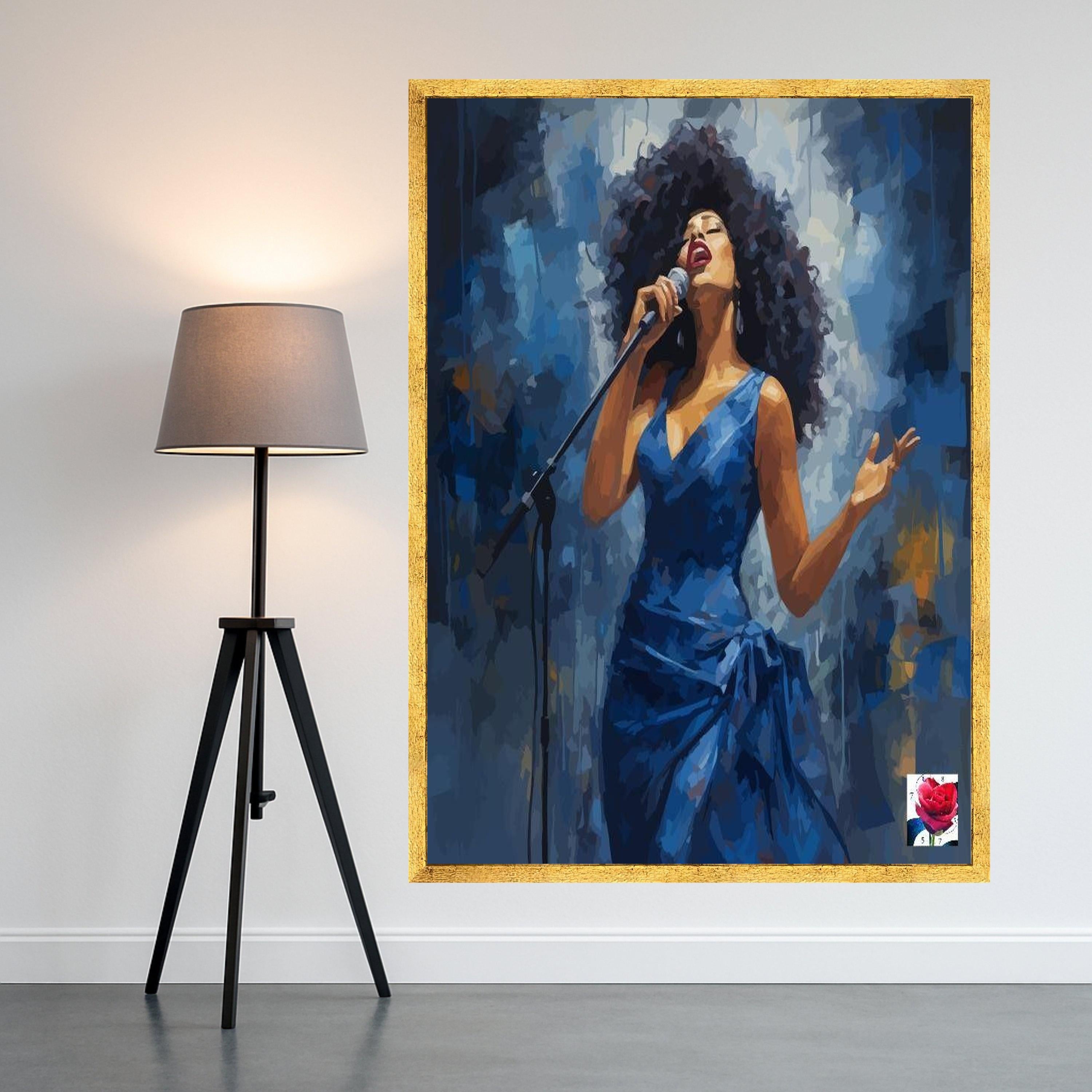 Soulful Jazz Singer Canvas, Woman in Blue Dress, Music Performance Art, Live Concert Wall Decor, Artistic Canvas Painting Ready To Hang,