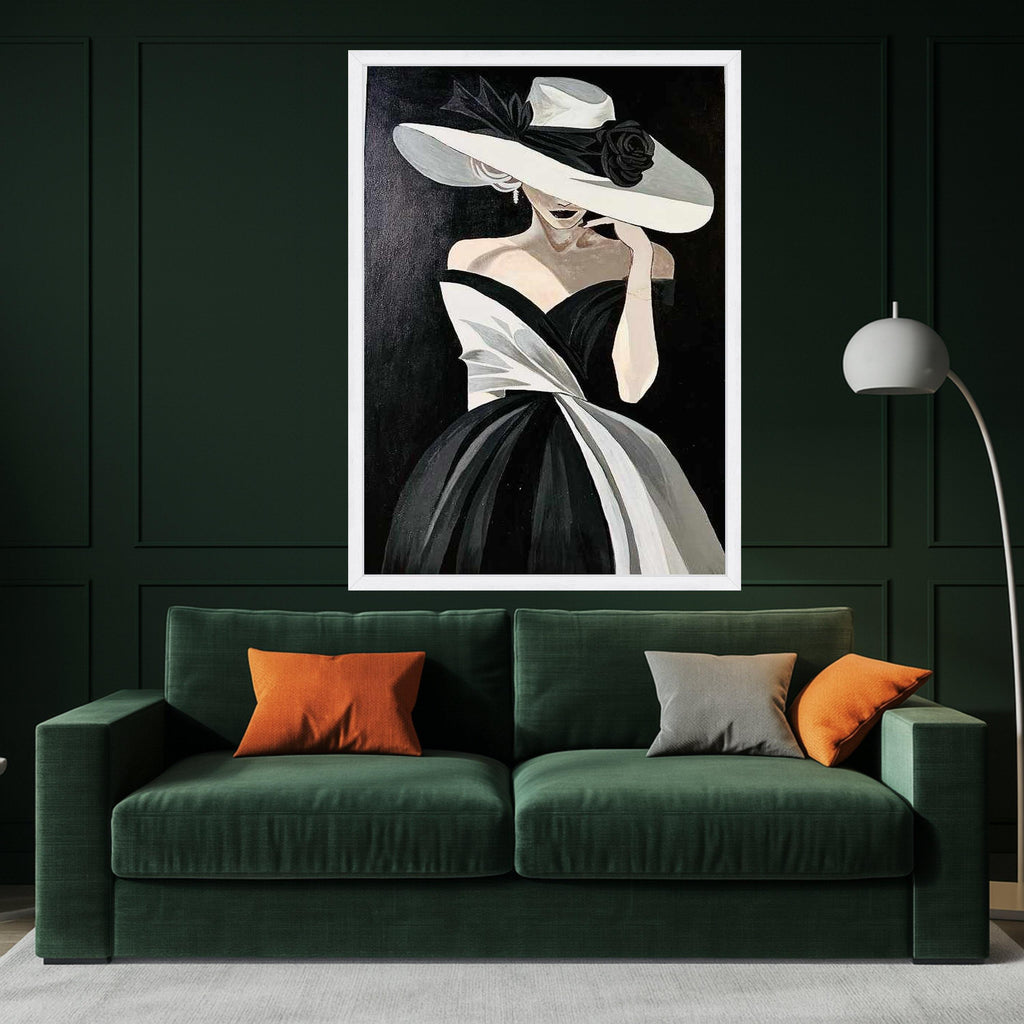 Elegant Woman in Black and White Dress Canvas, Fashion Portrait Wall Art, Chic Lady with Wide Brim Hat Canvas, Modern Glamour Ready To Hang,
