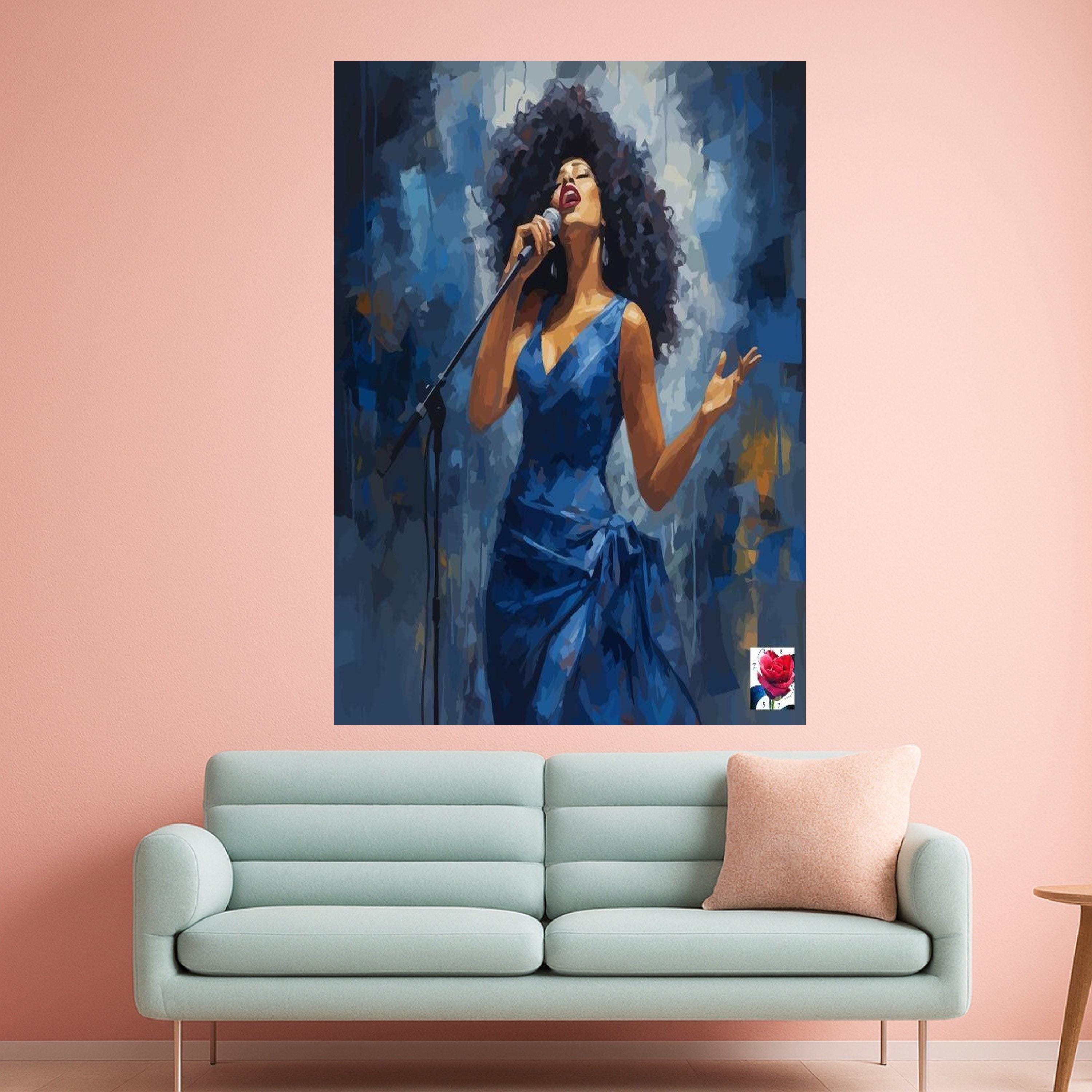 Soulful Jazz Singer Canvas, Woman in Blue Dress, Music Performance Art, Live Concert Wall Decor, Artistic Canvas Painting Ready To Hang,