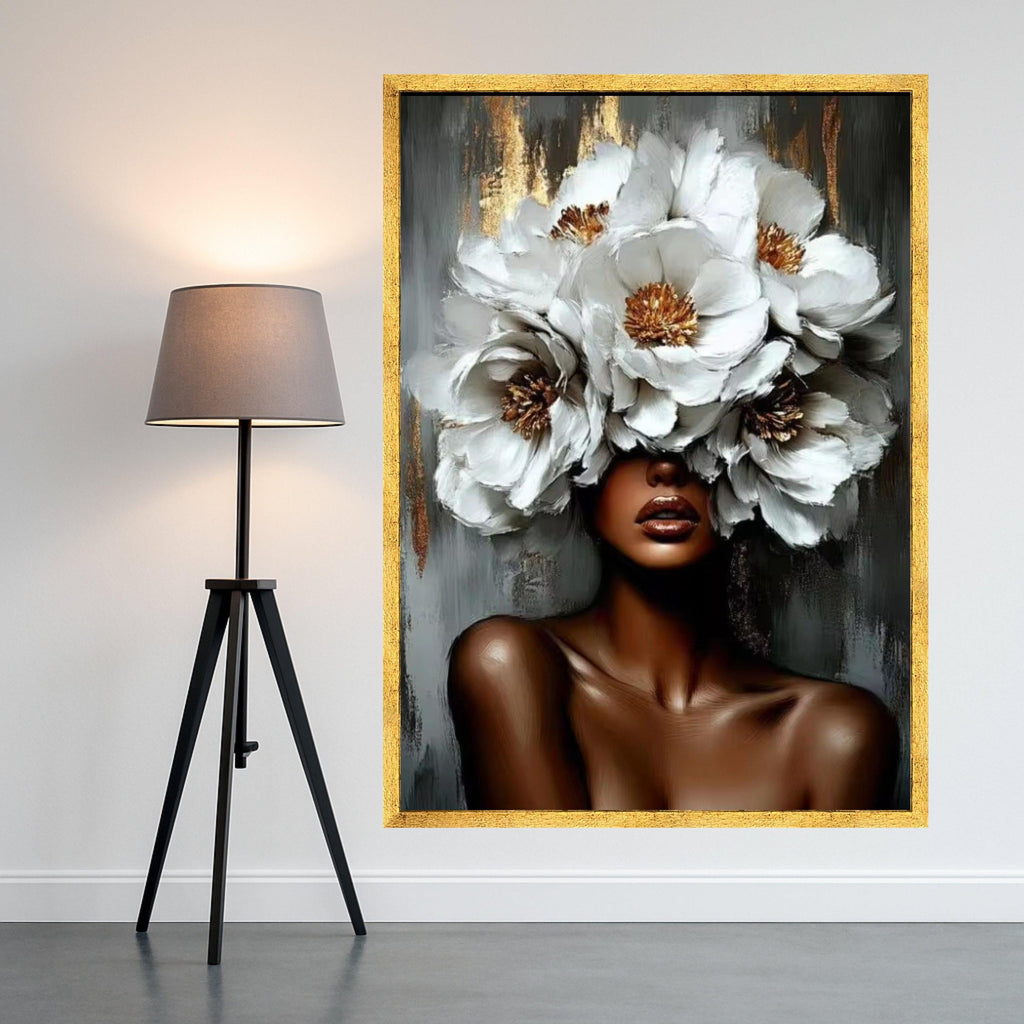 Elegant African Woman with White Flower Crown Canvas, Floral Portrait Wall Art, Modern Feminine Canvas Decoration, Ready To Hang,