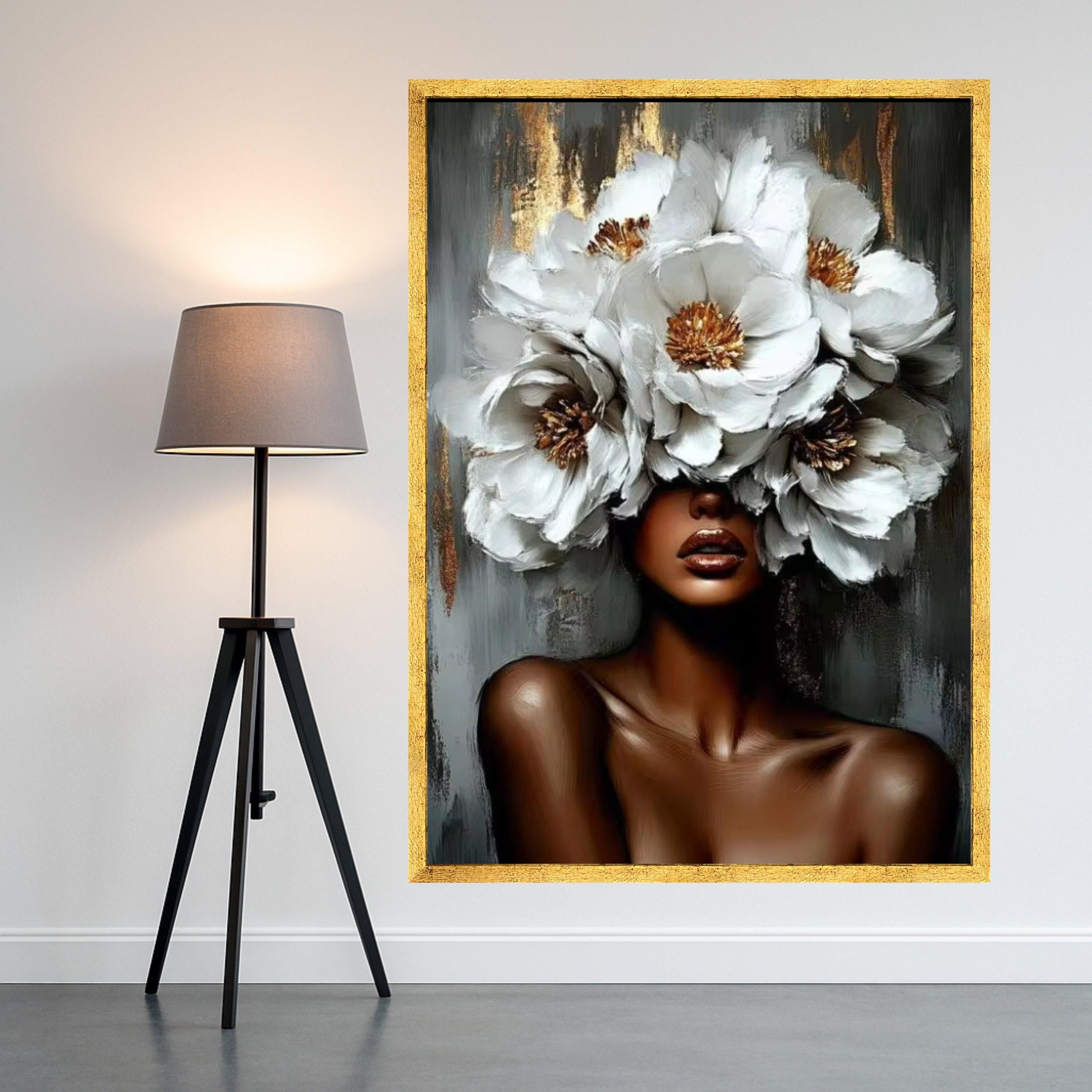 Elegant African Woman with White Flower Crown Canvas, Floral Portrait Wall Art, Modern Feminine Canvas Decoration, Ready To Hang,