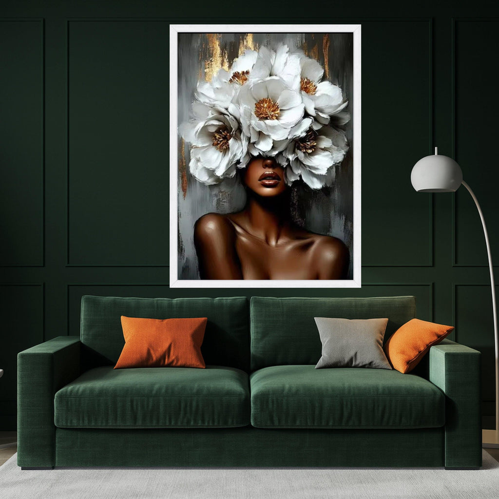 Elegant African Woman with White Flower Crown Canvas, Floral Portrait Wall Art, Modern Feminine Canvas Decoration, Ready To Hang,