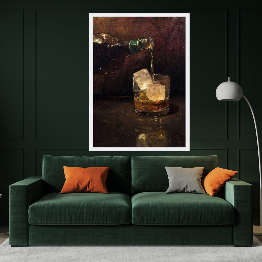 Whiskey Pouring Canvas Wall Art, Drink with Ice Cubes Painting, Bar Home Decor, Realistic Alcohol Beverage Canvas, Modern Ready To Hang