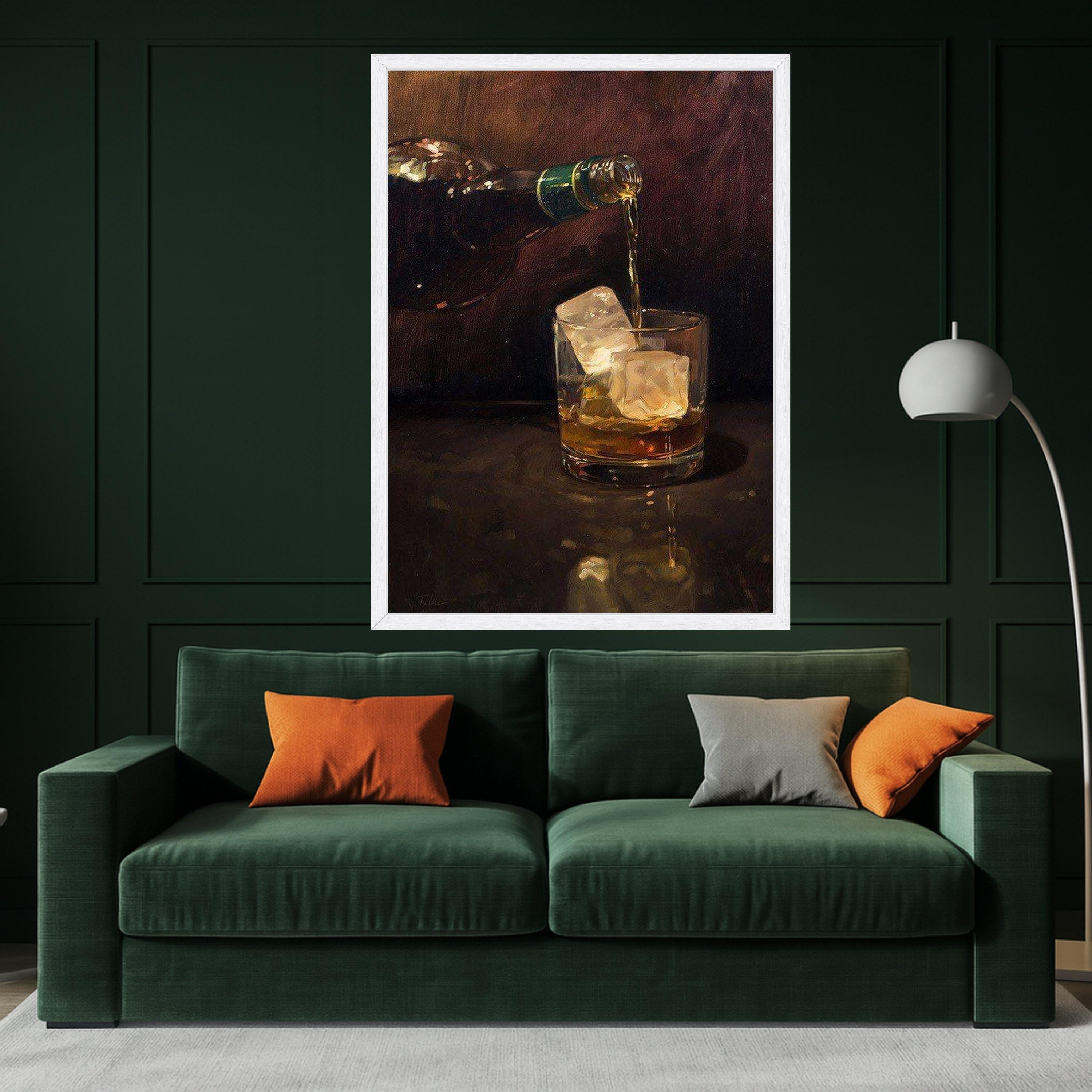 Whiskey Pouring Canvas Wall Art, Drink with Ice Cubes Painting, Bar Home Decor, Realistic Alcohol Beverage Canvas, Modern Ready To Hang