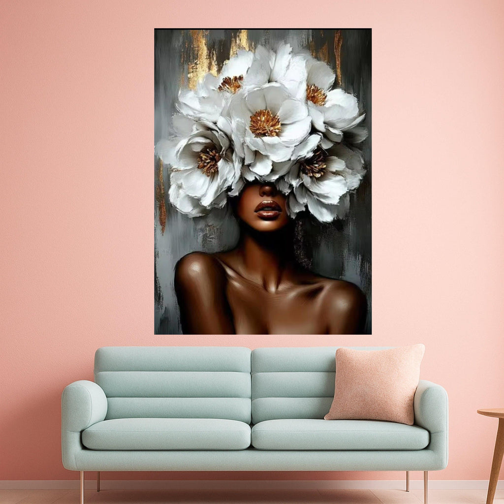 Elegant African Woman with White Flower Crown Canvas, Floral Portrait Wall Art, Modern Feminine Canvas Decoration, Ready To Hang,