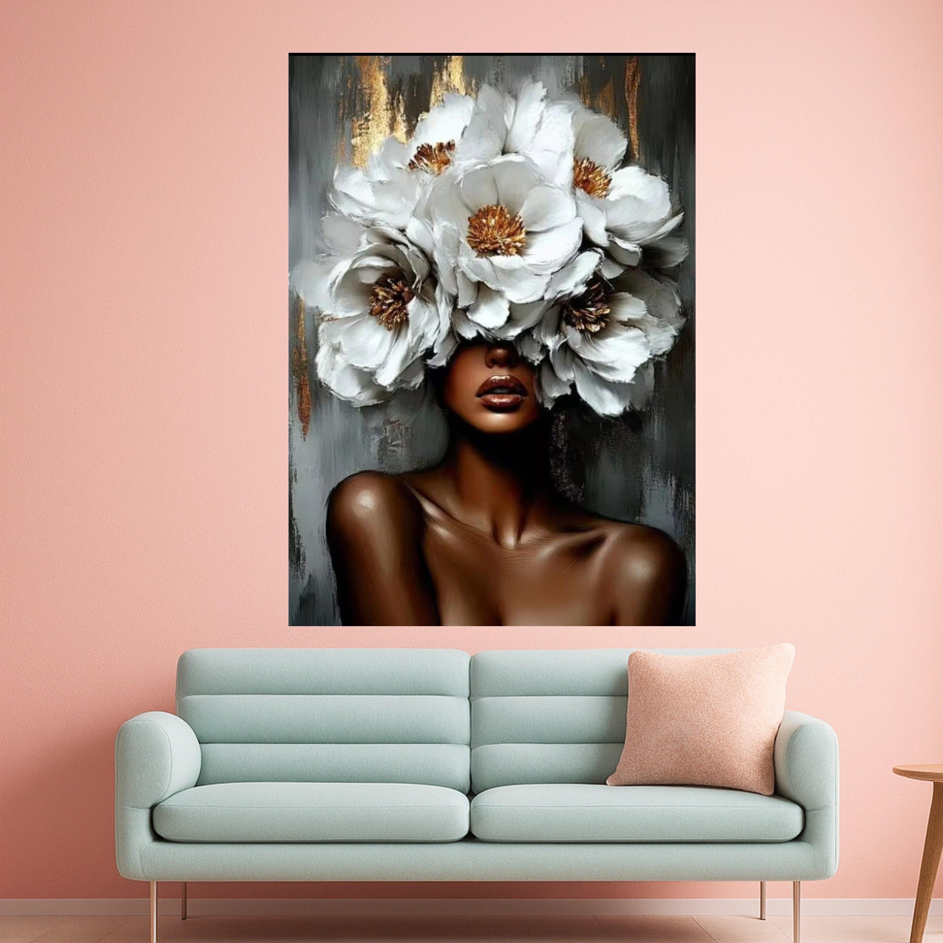 Elegant African Woman with White Flower Crown Canvas, Floral Portrait Wall Art, Modern Feminine Canvas Decoration, Ready To Hang,