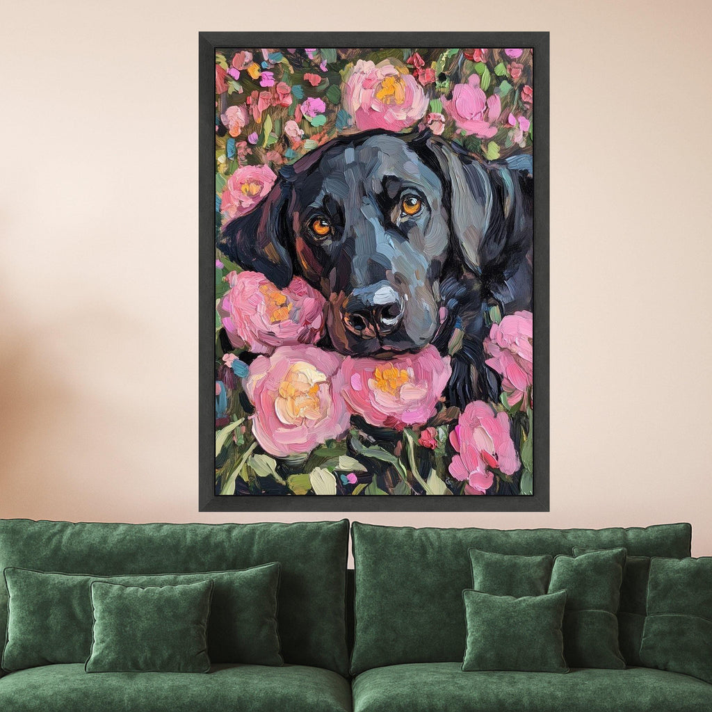 Black Labrador Portrait Canvas, Floral Garden Wall Art, Pink Peonies Painting, Dog Lover Home Decor, Impasto Style Canvas Ready To Hang,