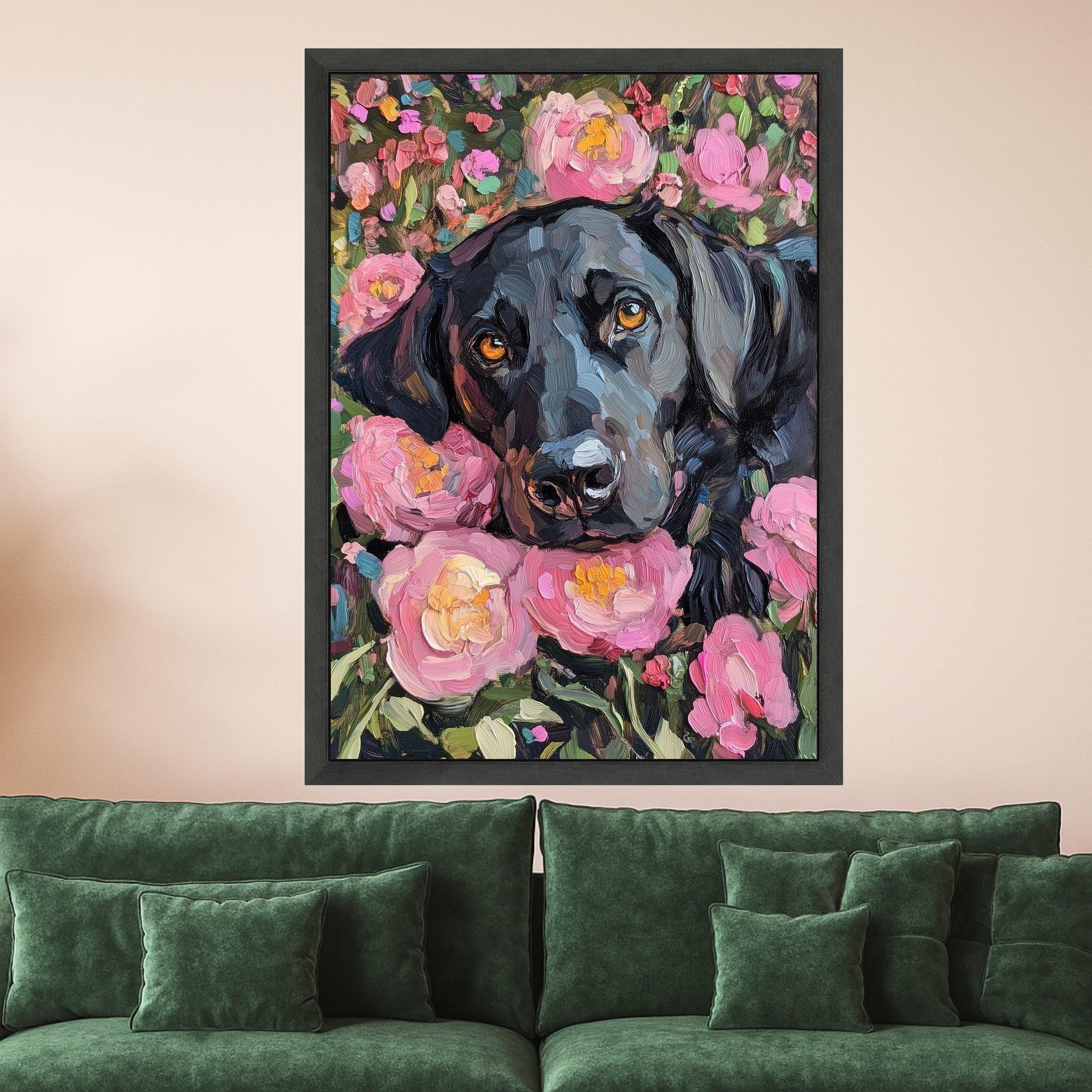 Black Labrador Portrait Canvas, Floral Garden Wall Art, Pink Peonies Painting, Dog Lover Home Decor, Impasto Style Canvas Ready To Hang,