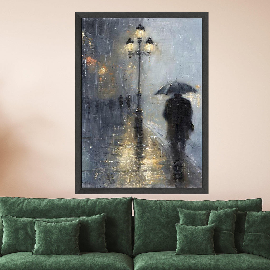Rainy City Evening, Man with Umbrella Canvas, Urban Street Lamp Art, Moody Landscape Wall Decor, Contemporary Canvas Painting Ready To Hang
