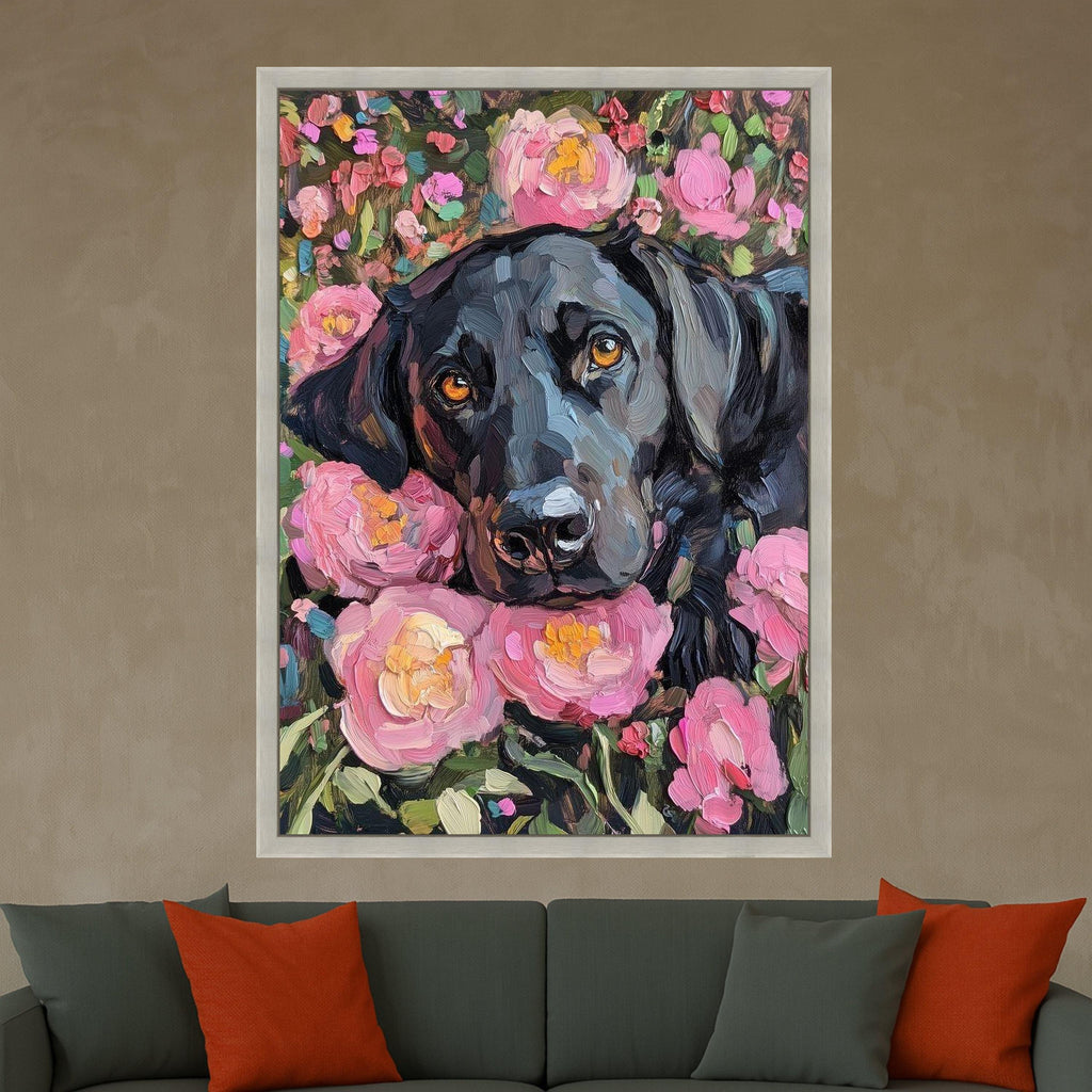 Black Labrador Portrait Canvas, Floral Garden Wall Art, Pink Peonies Painting, Dog Lover Home Decor, Impasto Style Canvas Ready To Hang,