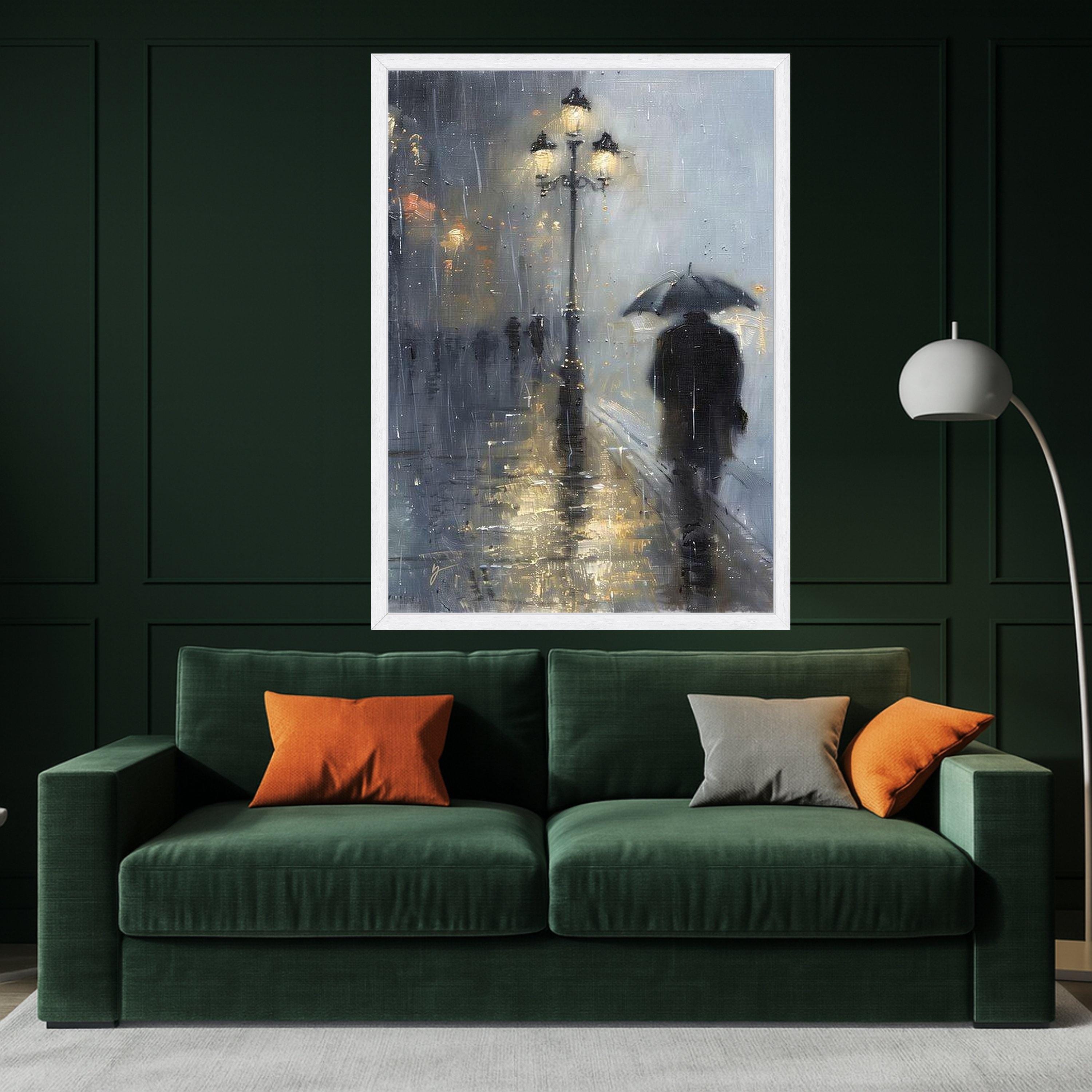 Rainy City Evening, Man with Umbrella Canvas, Urban Street Lamp Art, Moody Landscape Wall Decor, Contemporary Canvas Painting Ready To Hang