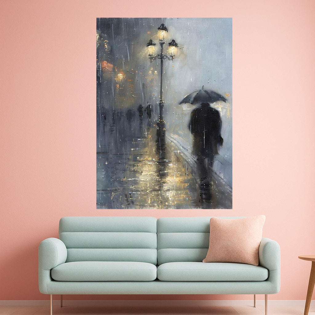 Rainy City Evening, Man with Umbrella Canvas, Urban Street Lamp Art, Moody Landscape Wall Decor, Contemporary Canvas Painting Ready To Hang