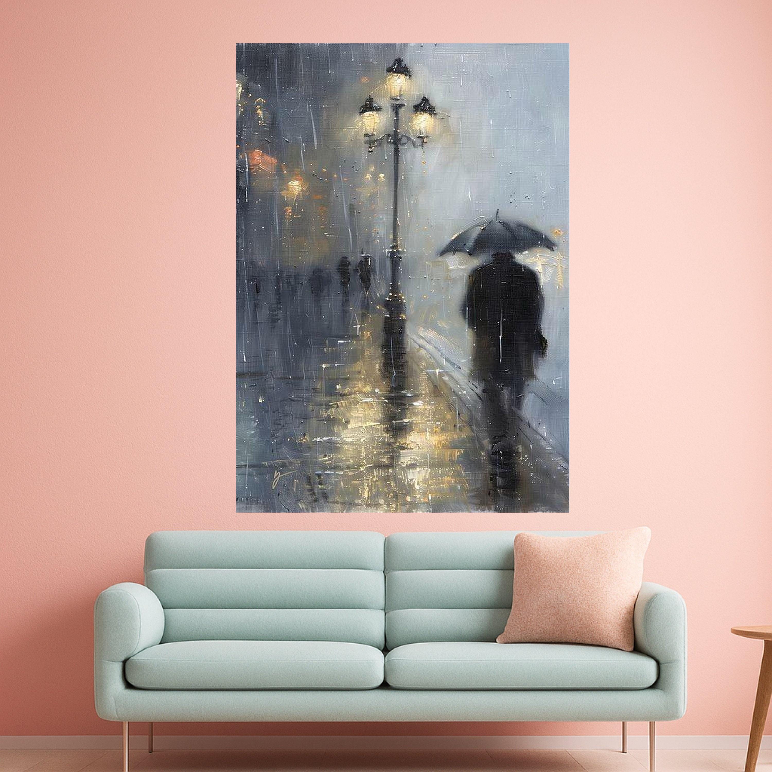 Rainy City Evening, Man with Umbrella Canvas, Urban Street Lamp Art, Moody Landscape Wall Decor, Contemporary Canvas Painting Ready To Hang