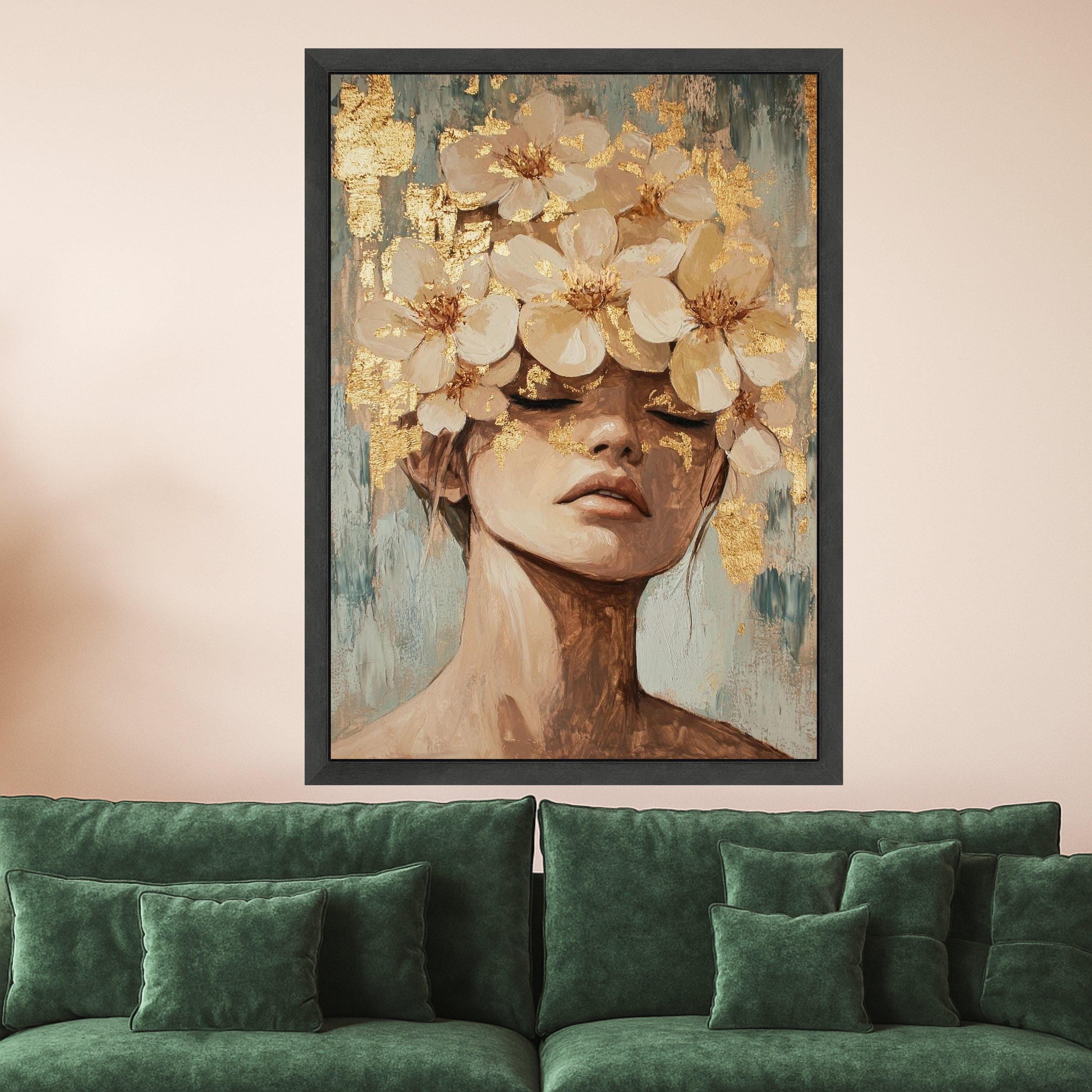 Elegant Female Portrait with White Floral Crown Canvas, Modern Abstract Figure Wall Art, Gold Leaf Accent Canvas, Ready To Hang,