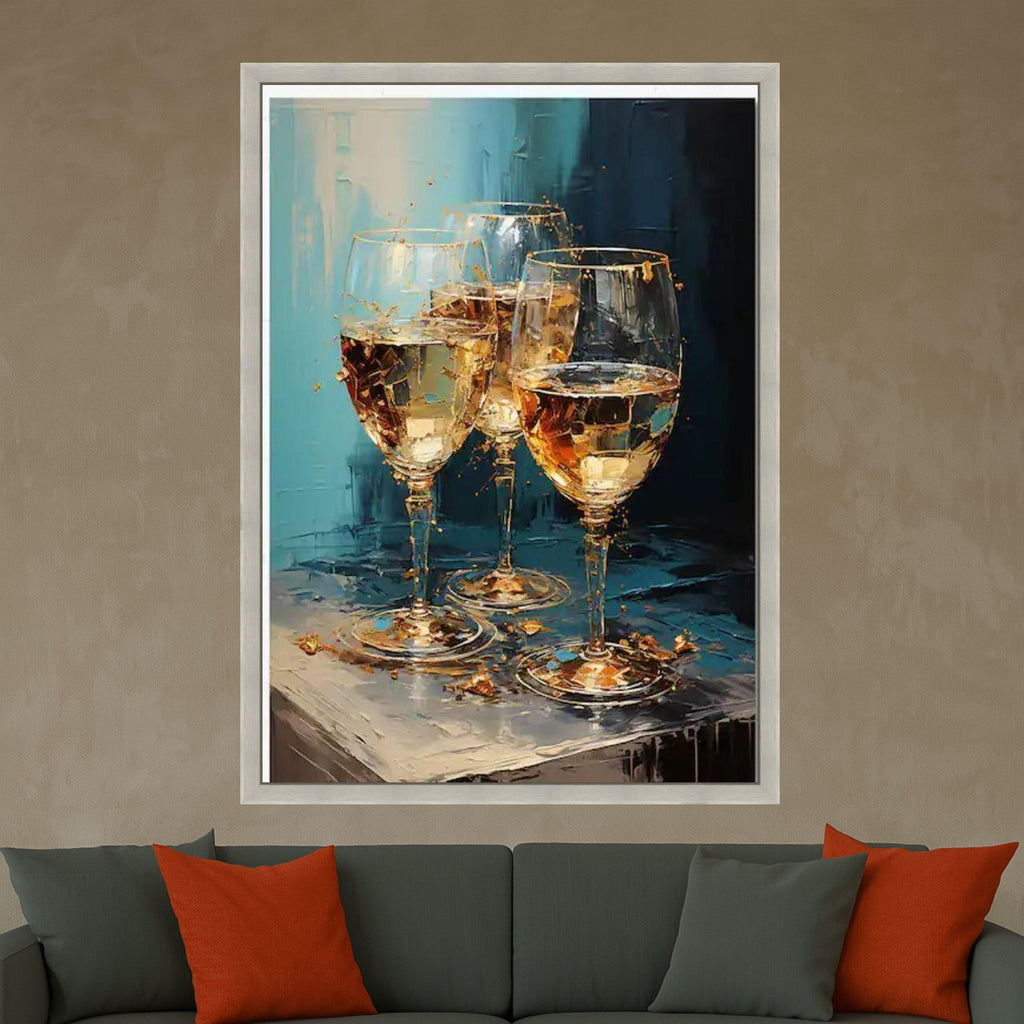 Elegant Wine Glasses Canvas Wall Art, Modern Abstract Painting, Golden Drink Still Life, Contemporary Home Decor, Ready to Ready To Hang,