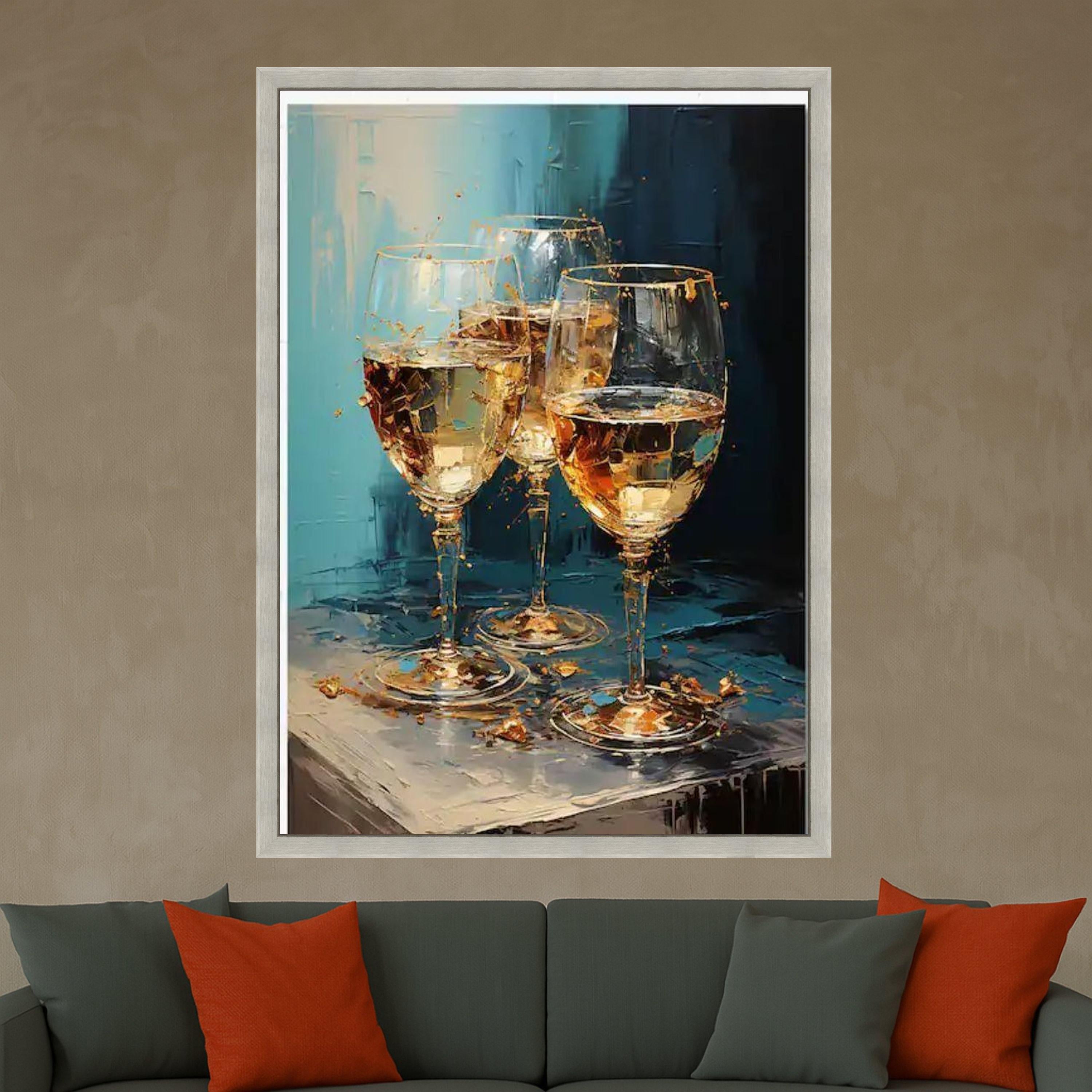 Elegant Wine Glasses Canvas Wall Art, Modern Abstract Painting, Golden Drink Still Life, Contemporary Home Decor, Ready to Ready To Hang,