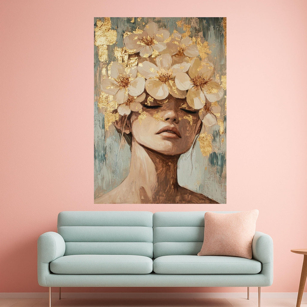 Elegant Female Portrait with White Floral Crown Canvas, Modern Abstract Figure Wall Art, Gold Leaf Accent Canvas, Ready To Hang,