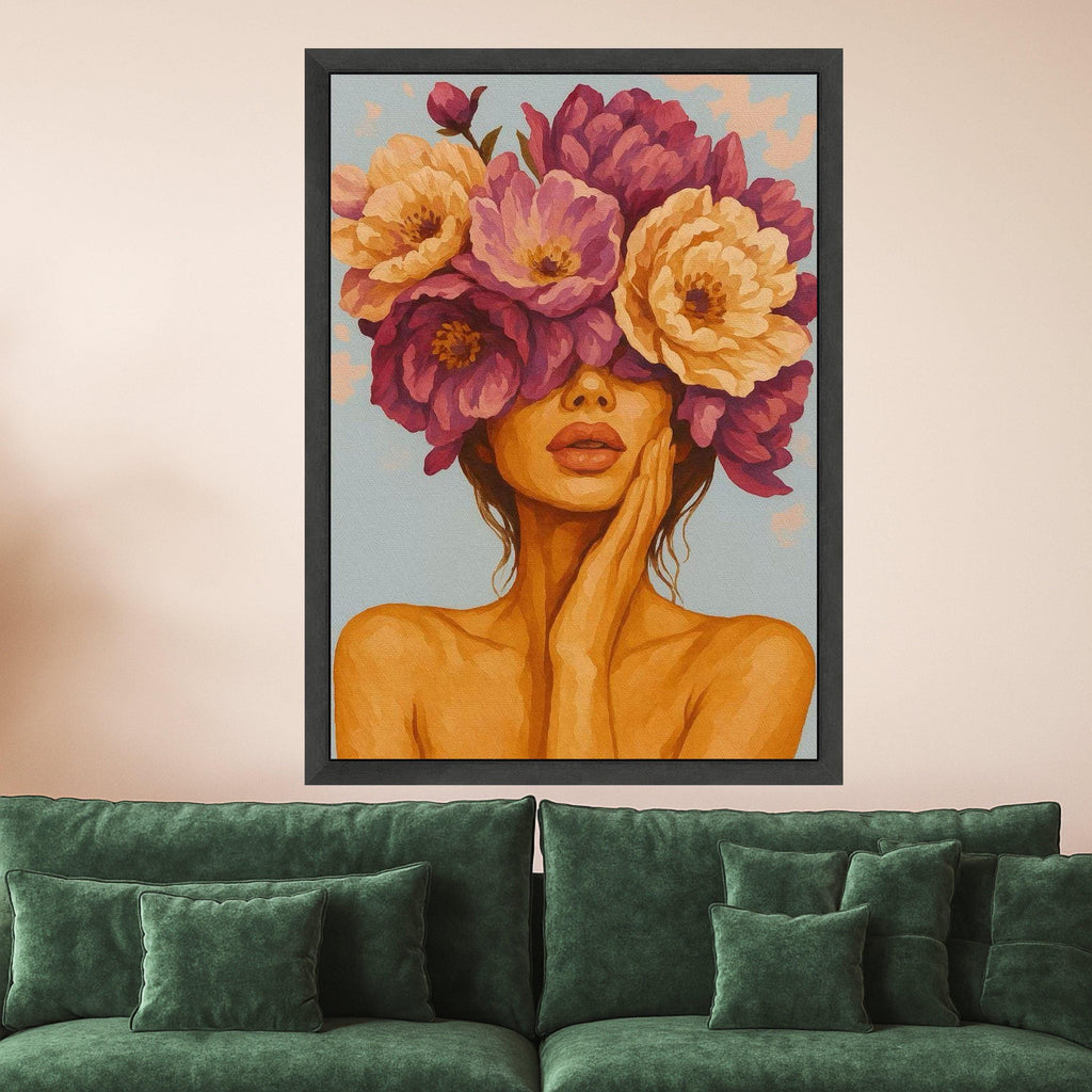 Abstract Woman with Floral Crown Canvas, Feminine Portrait Wall Art, Modern Flower Headpiece Painting, Contemporary Canvas Ready To Hang,