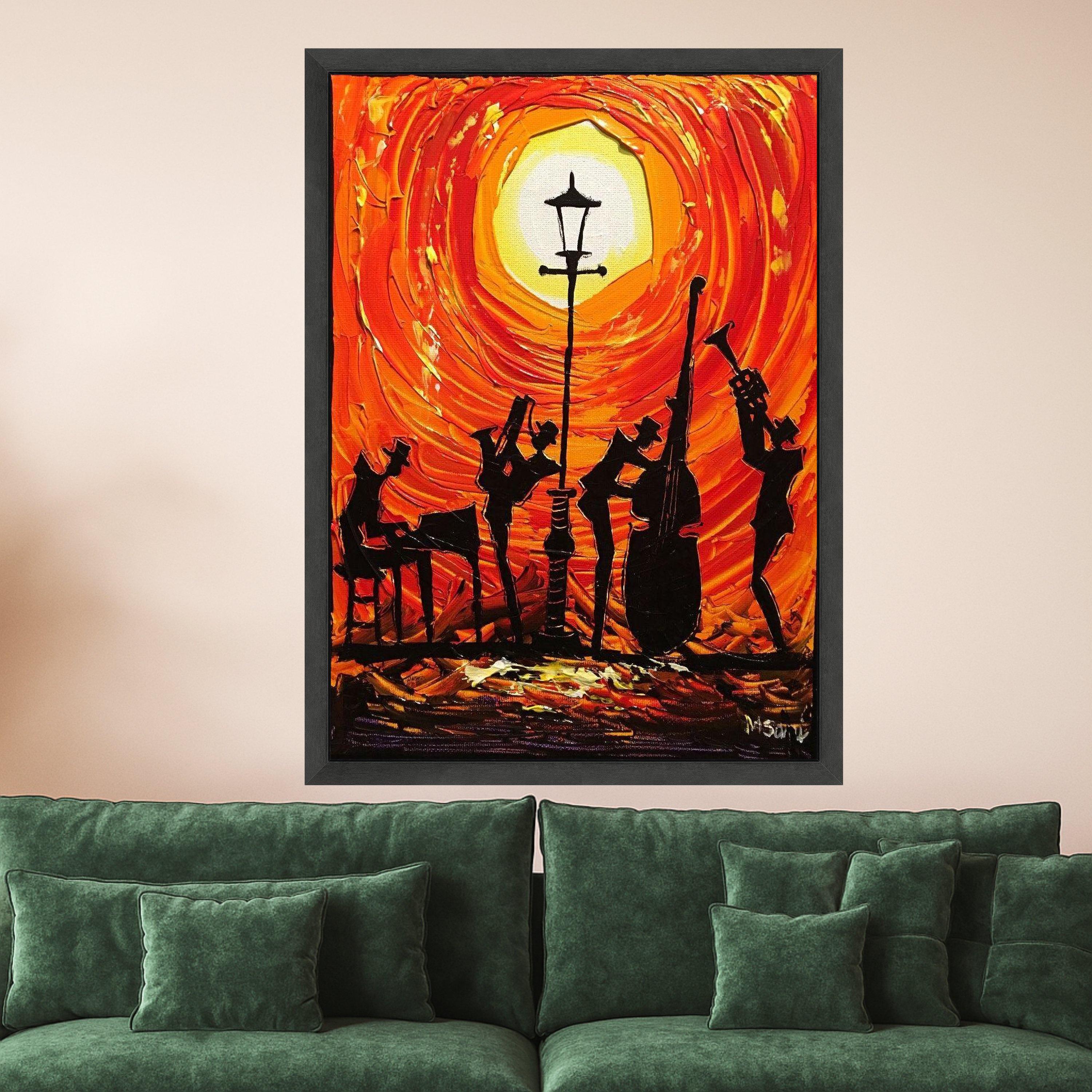 Jazz Band Silhouette Canvas, Sunset Music Scene Wall Art, Vibrant Orange Abstract Painting, Musical Instrument Decor, Modern Ready To Hang,