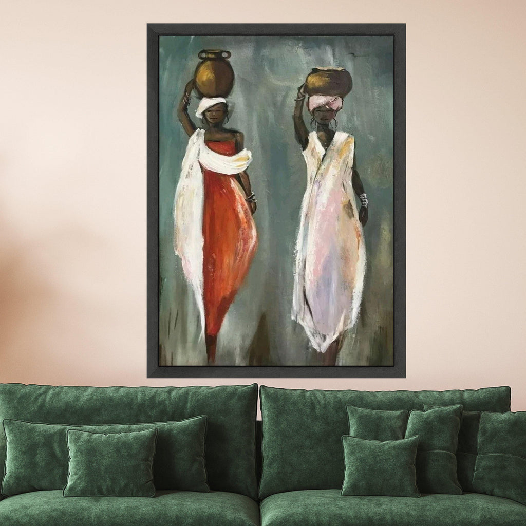 African Women with Pots Canvas Wall Art, Ethnic Figurative Painting, Tribal Culture Artwork, Boho Home Decoration, Ready To Hang,
