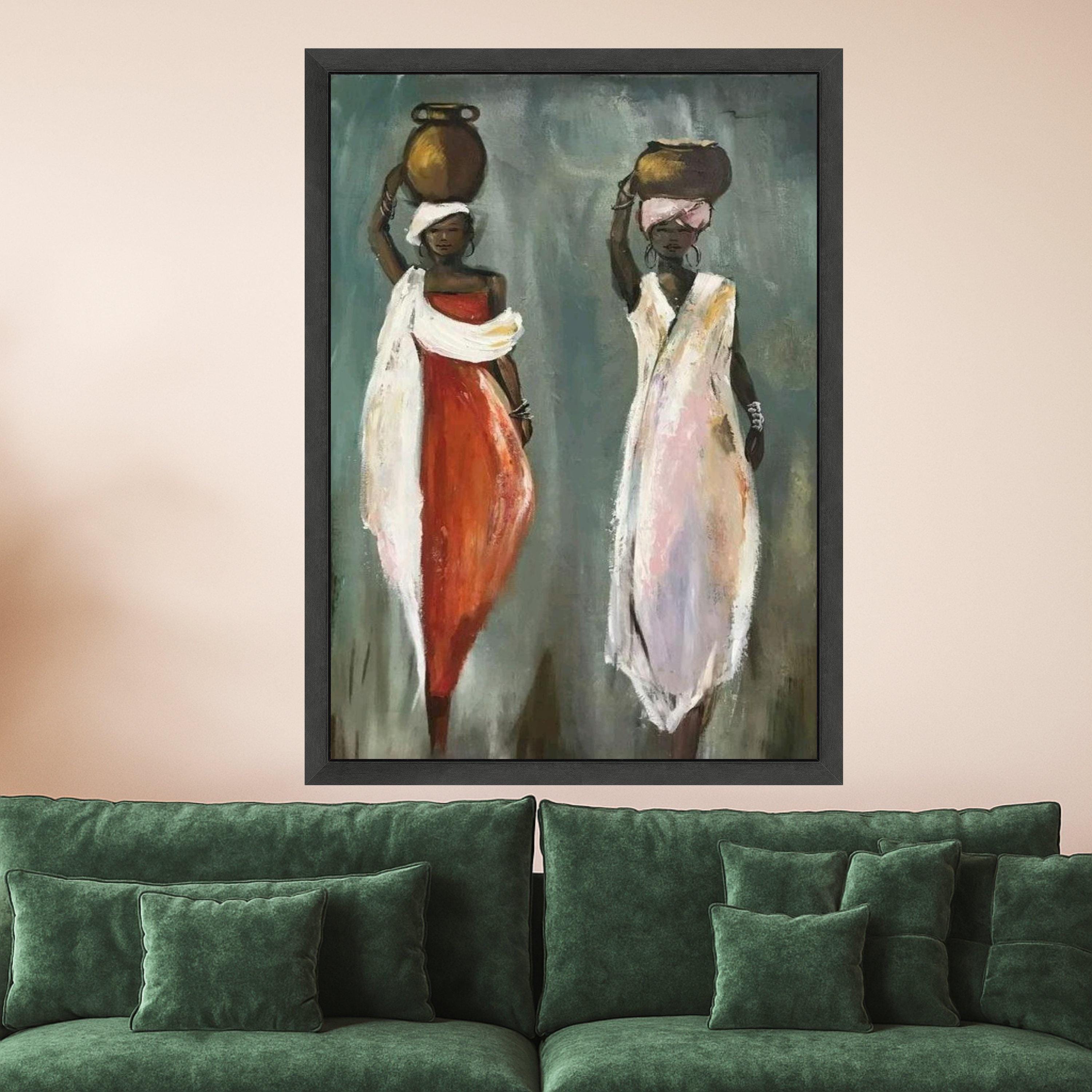African Women with Pots Canvas Wall Art, Ethnic Figurative Painting, Tribal Culture Artwork, Boho Home Decoration, Ready To Hang,