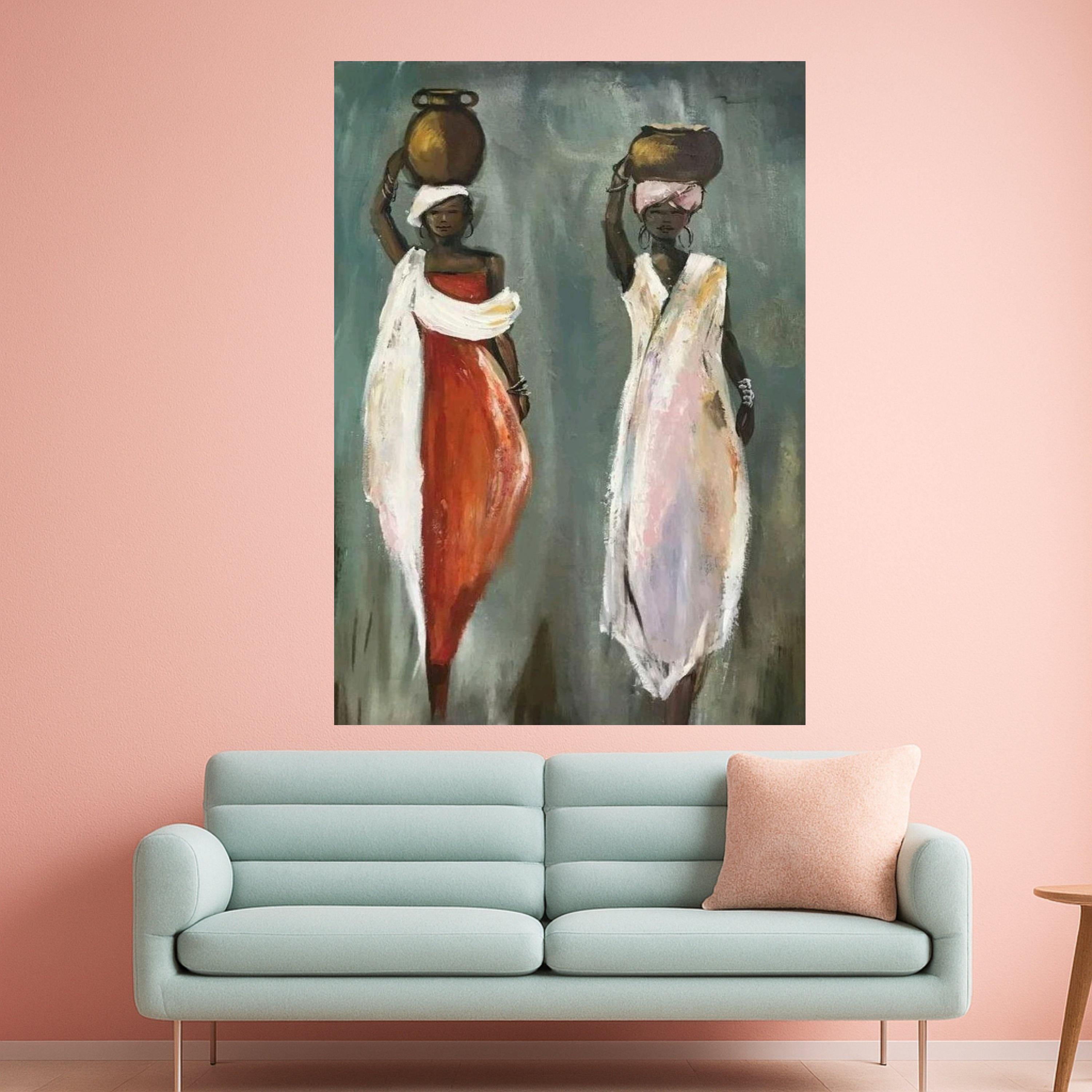 African Women with Pots Canvas Wall Art, Ethnic Figurative Painting, Tribal Culture Artwork, Boho Home Decoration, Ready To Hang,