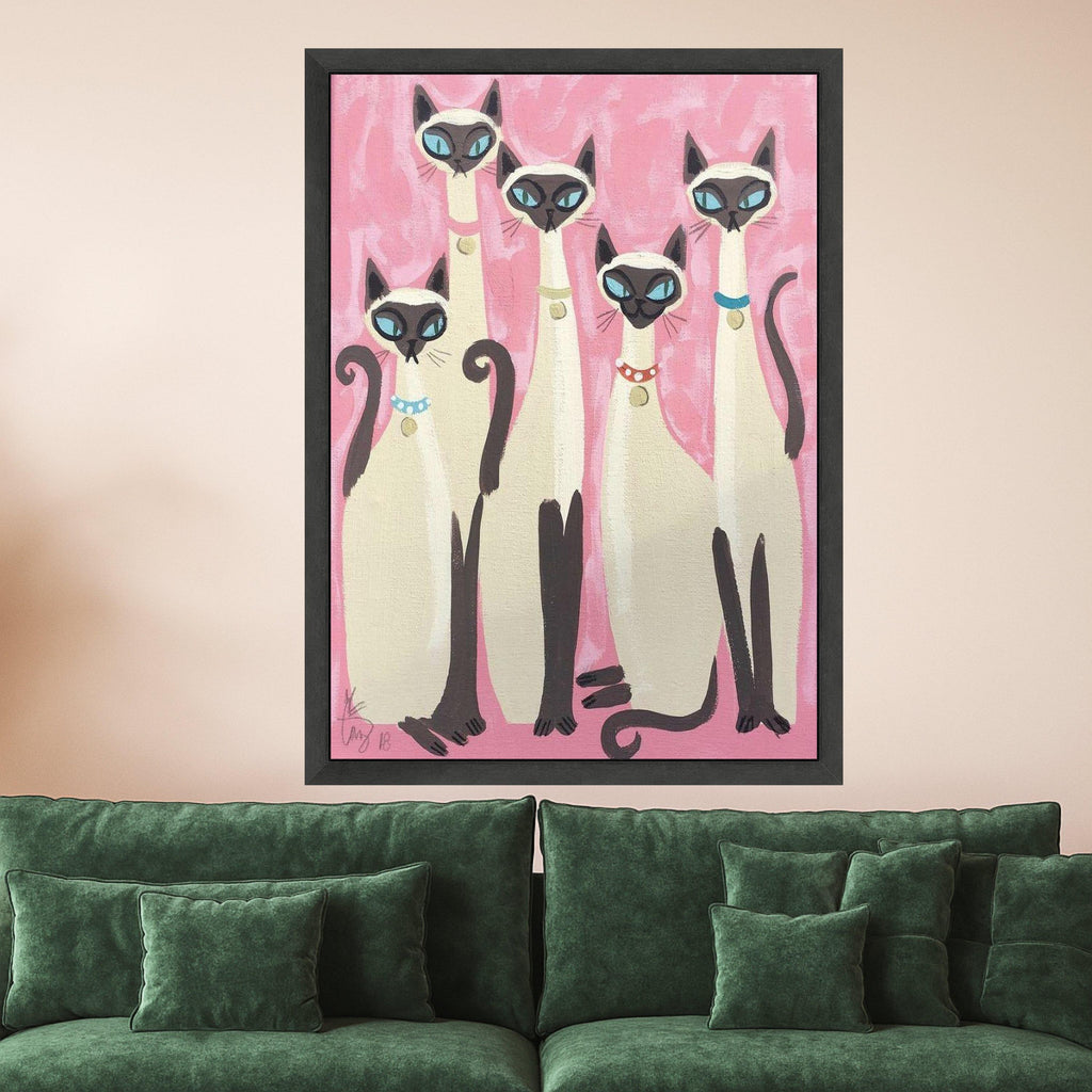 Elegant Siamese Cats Canvas Wall Art, Modern Feline Portrait, Pink Background Cat Painting, Whimsical Home Decor, Ready to Ready To Hang