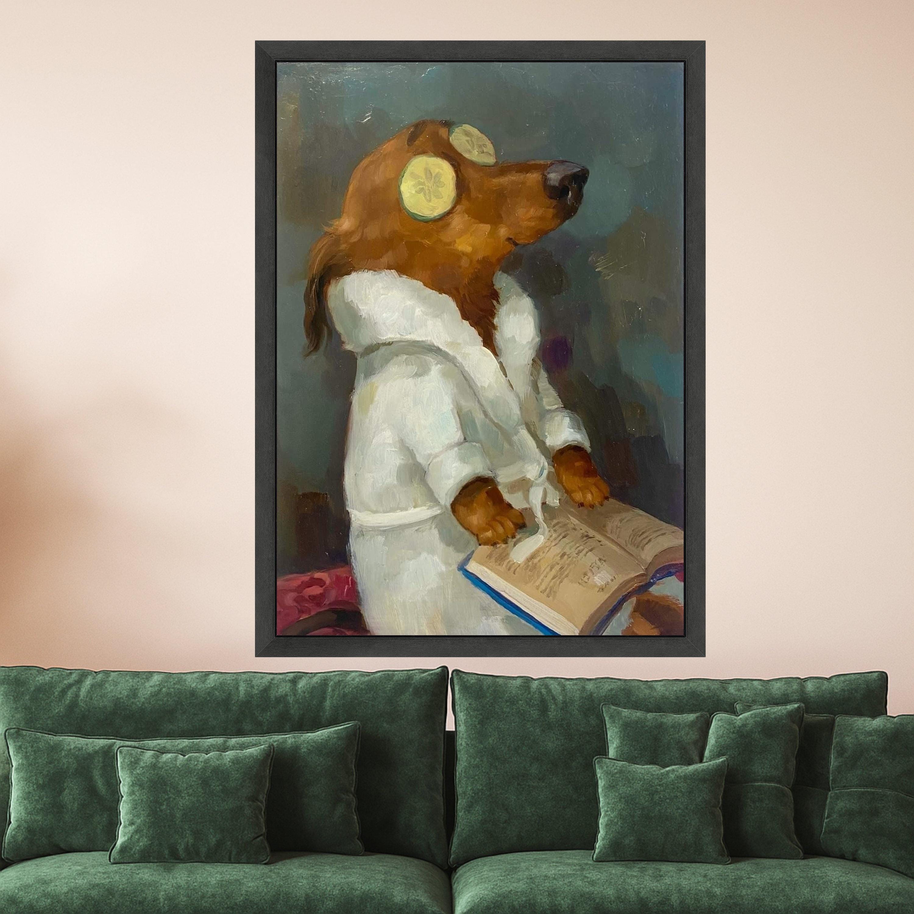 Relaxing Dog Spa Scene Canvas, Humorous Animal Painting, Cozy White Robe Art, Quirky Pet Wall Decor, Fun Canine Canvas Print Ready To Hang