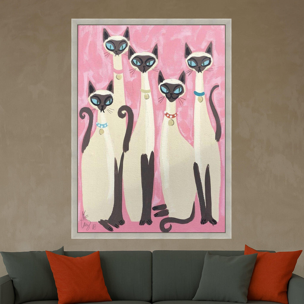 Elegant Siamese Cats Canvas Wall Art, Modern Feline Portrait, Pink Background Cat Painting, Whimsical Home Decor, Ready to Ready To Hang