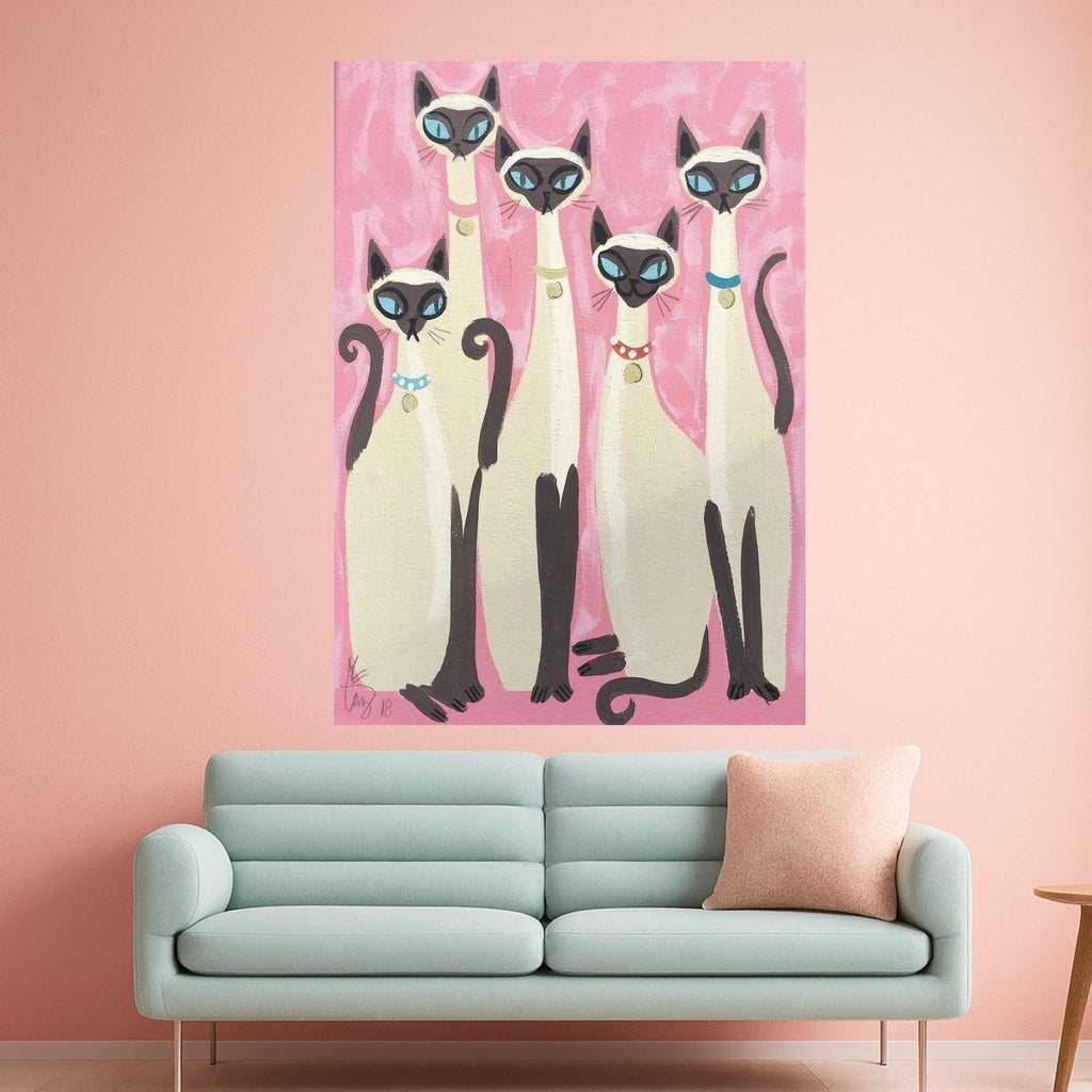 Elegant Siamese Cats Canvas Wall Art, Modern Feline Portrait, Pink Background Cat Painting, Whimsical Home Decor, Ready to Ready To Hang