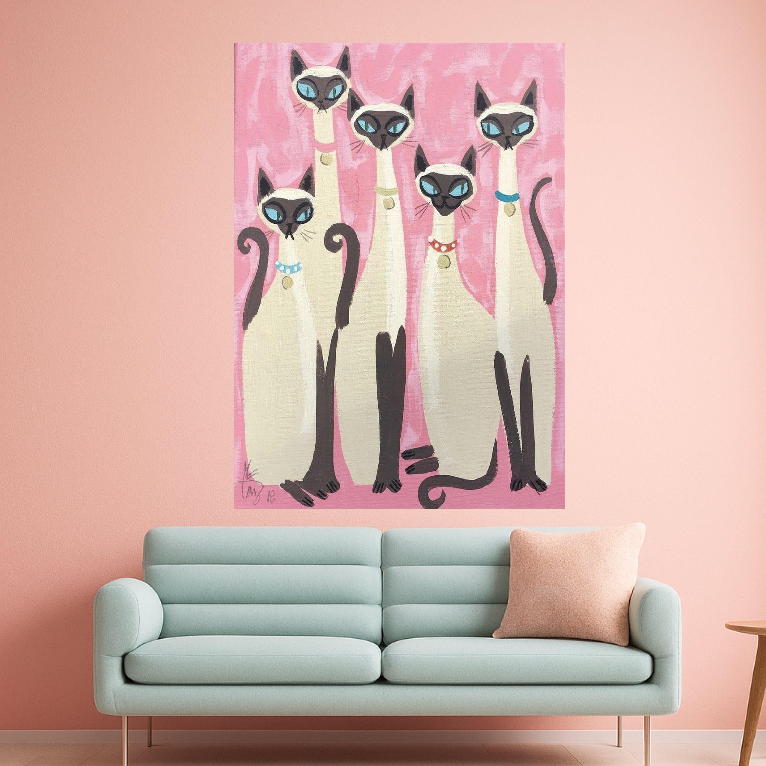 Elegant Siamese Cats Canvas Wall Art, Modern Feline Portrait, Pink Background Cat Painting, Whimsical Home Decor, Ready to Ready To Hang