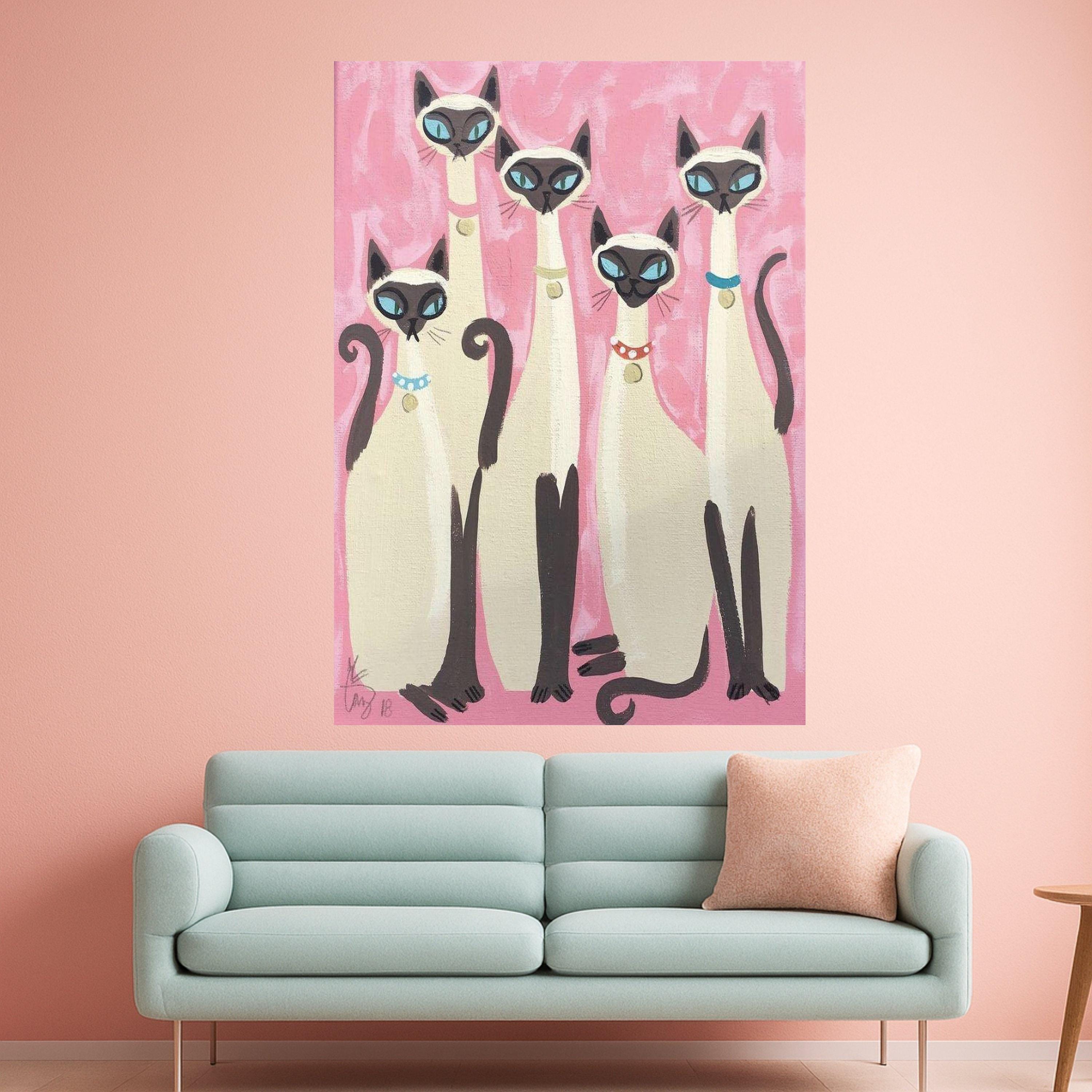 Elegant Siamese Cats Canvas Wall Art, Modern Feline Portrait, Pink Background Cat Painting, Whimsical Home Decor, Ready to Ready To Hang