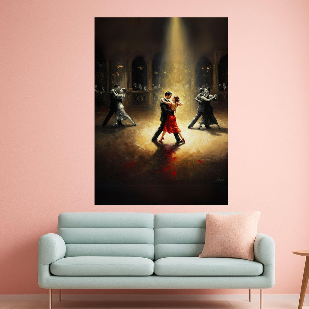 Elegant Tango Dance Scene, Romantic Ballroom Canvas, Couples Dancing Art, Red Dress Highlight, Moody Lighting Wall Decor Ready To Hang,