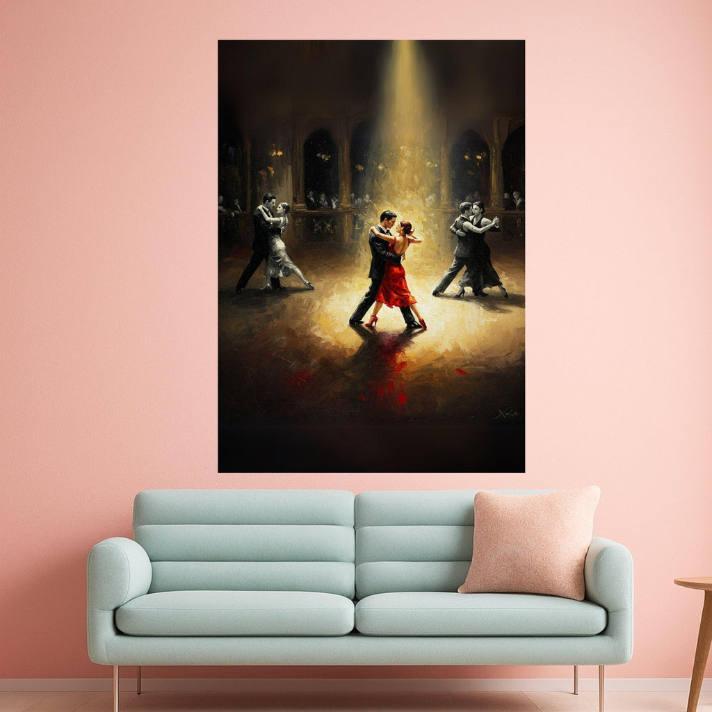 Elegant Tango Dance Scene, Romantic Ballroom Canvas, Couples Dancing Art, Red Dress Highlight, Moody Lighting Wall Decor Ready To Hang,