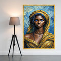 Stunning Blue-Eyed Woman Portrait Canvas, Modern Art, Vibrant Yellow and Blue Abstract Background, Contemporary Wall Ready To Hang,