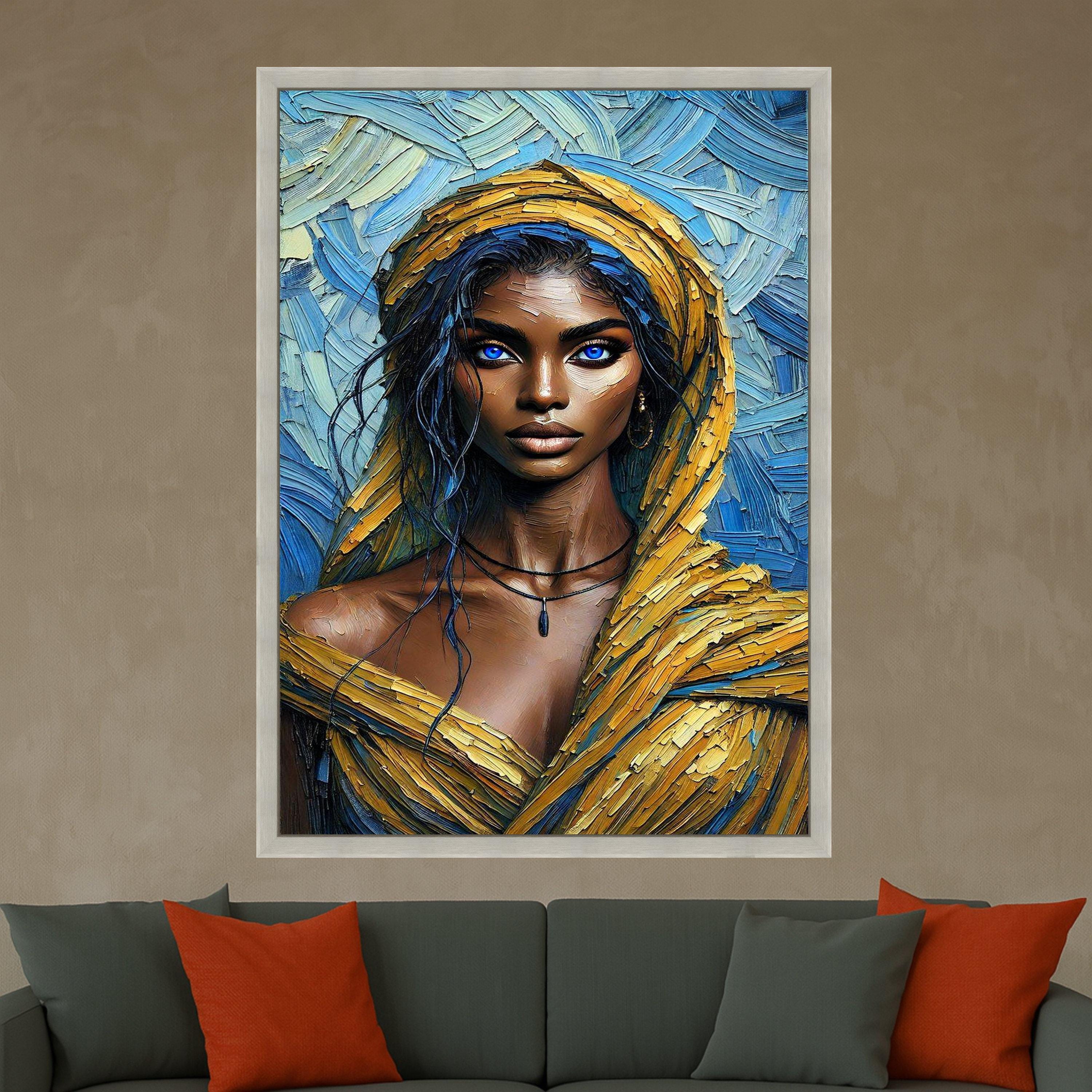 Stunning Blue-Eyed Woman Portrait Canvas, Modern Art, Vibrant Yellow and Blue Abstract Background, Contemporary Wall Ready To Hang,