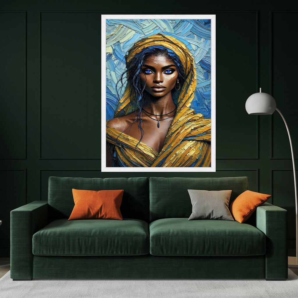 Stunning Blue-Eyed Woman Portrait Canvas, Modern Art, Vibrant Yellow and Blue Abstract Background, Contemporary Wall Ready To Hang,