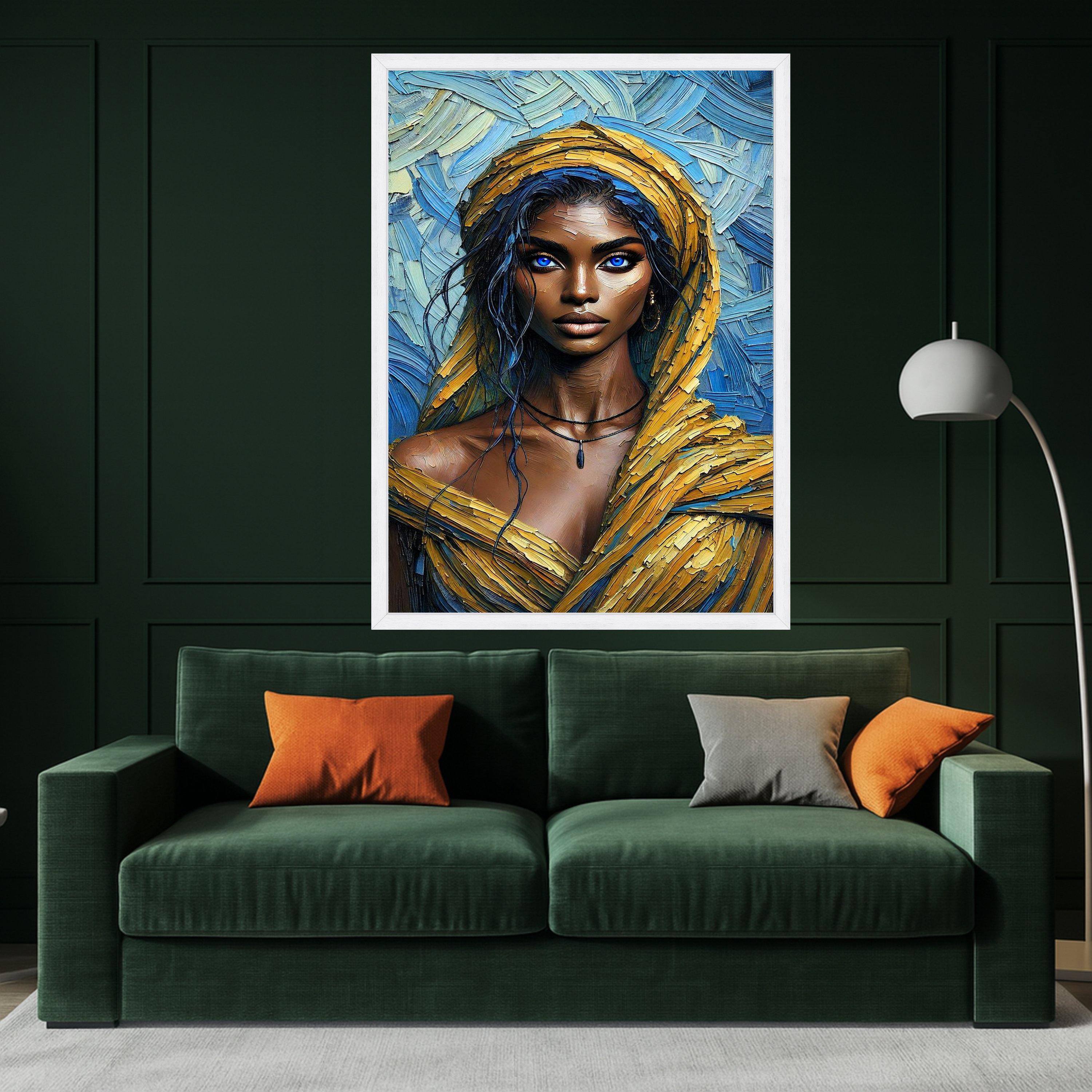 Stunning Blue-Eyed Woman Portrait Canvas, Modern Art, Vibrant Yellow and Blue Abstract Background, Contemporary Wall Ready To Hang,