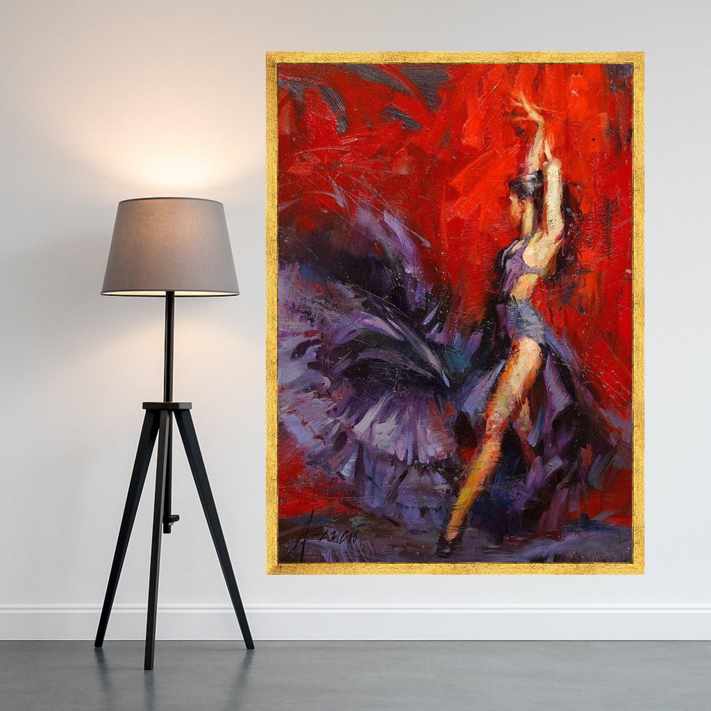 Handmade Flamenco Dancer Canvas Art, Red Purple Abstract Painting, Ready to Hang