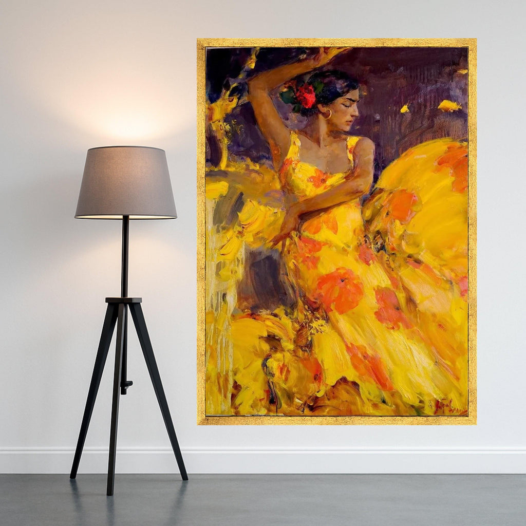Flamenco Dancer Canvas, Vibrant Yellow Dress, Spanish Dance Art, Expressive Woman Portrait, Bold Color Wall Art, Ready to Ready To Hang,