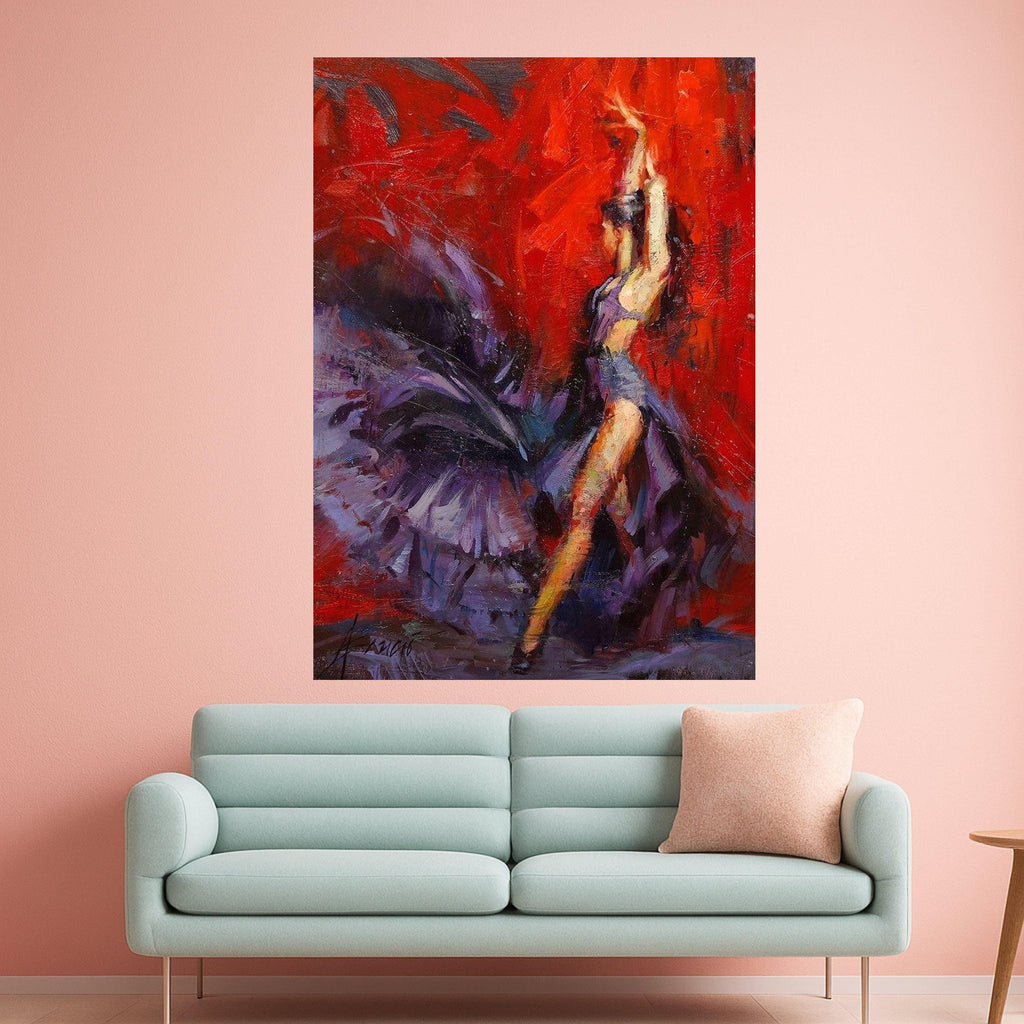 Handmade Flamenco Dancer Canvas Art, Red Purple Abstract Painting, Ready to Hang