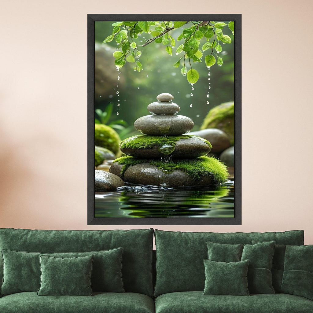 Zen Stone Stack with Moss and Water Droplets, Tranquil Nature Canvas, Green Leaves Wall Art, Peaceful Spa Decor, Relaxing Ready To Hang,