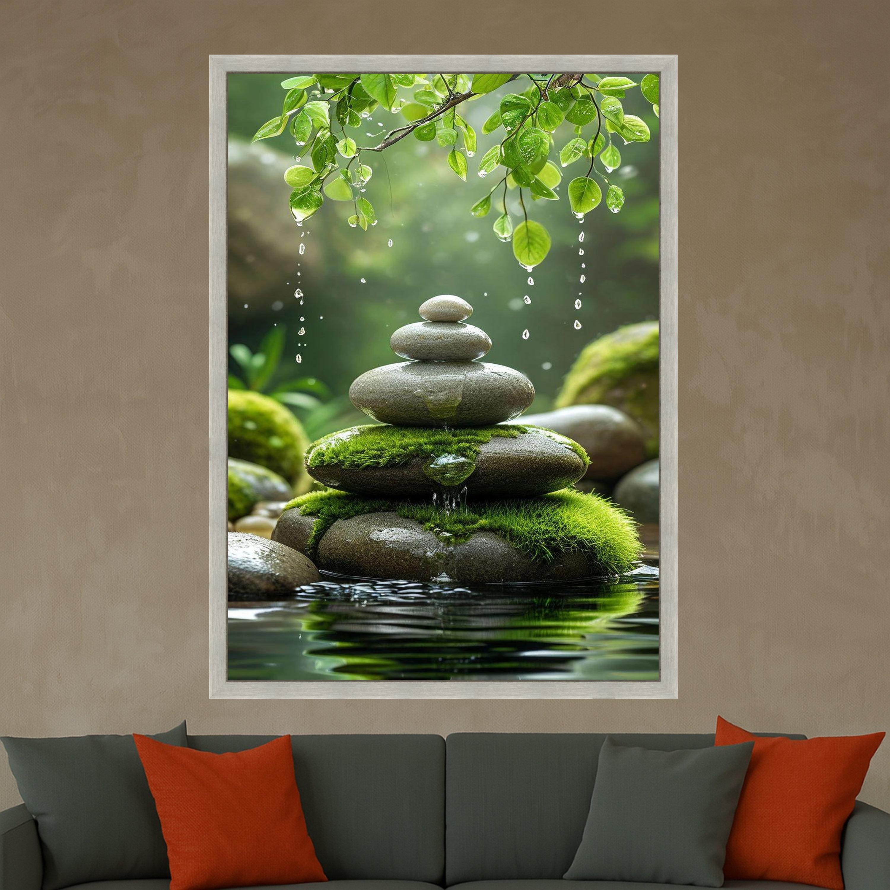 Zen Stone Stack with Moss and Water Droplets, Tranquil Nature Canvas, Green Leaves Wall Art, Peaceful Spa Decor, Relaxing Ready To Hang,